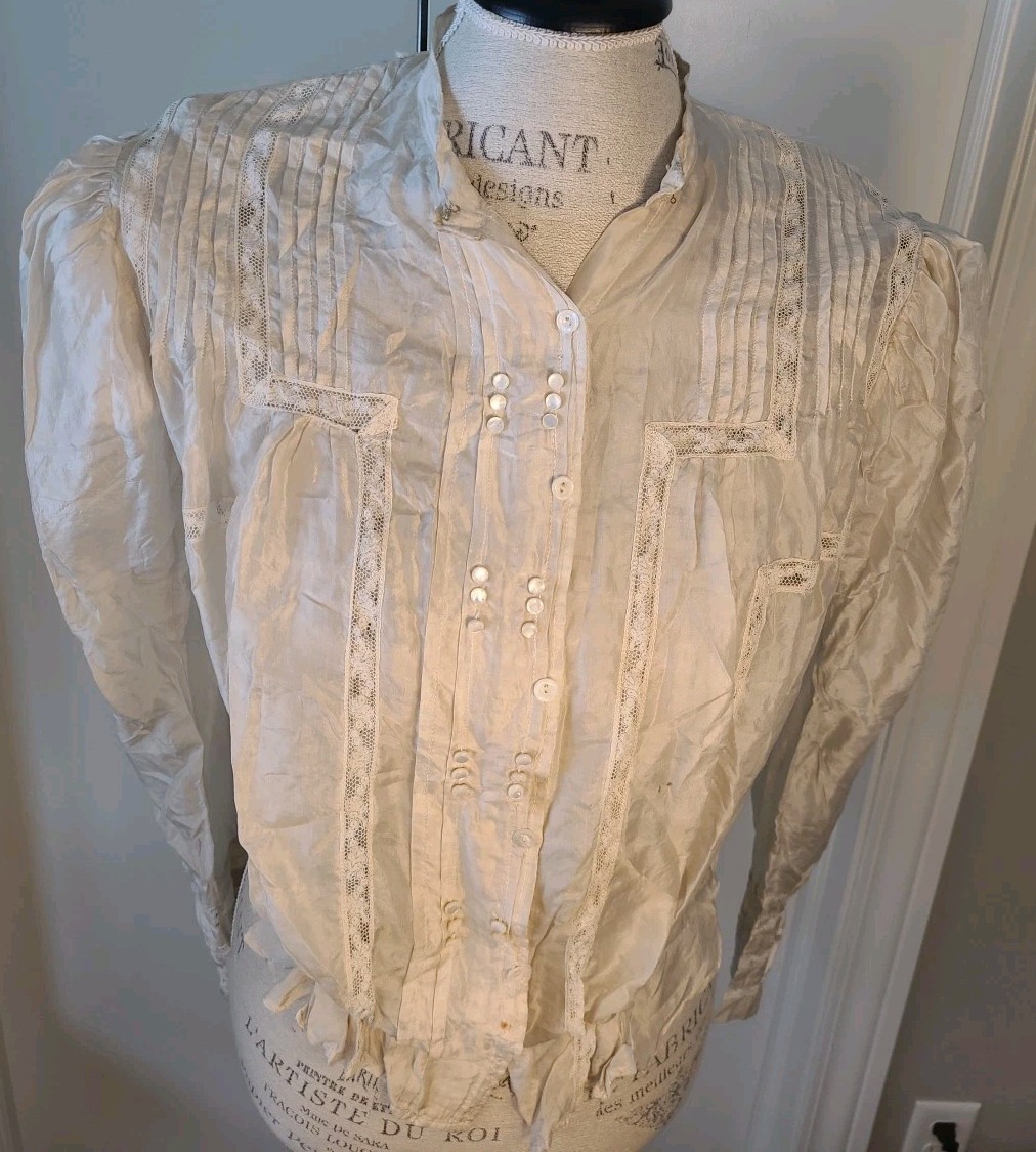 Antique 1800s 1900s Silk Lace Blouse M/L Edwardian Victorian Gothic Pearl Button