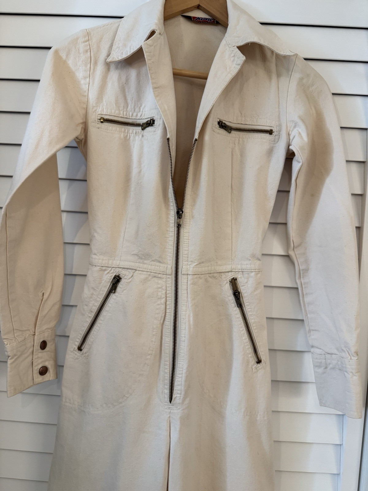 Vintage 70’s Women’s Male Brand Flared Zip up Jumpsuit, Off White, Size 5/6