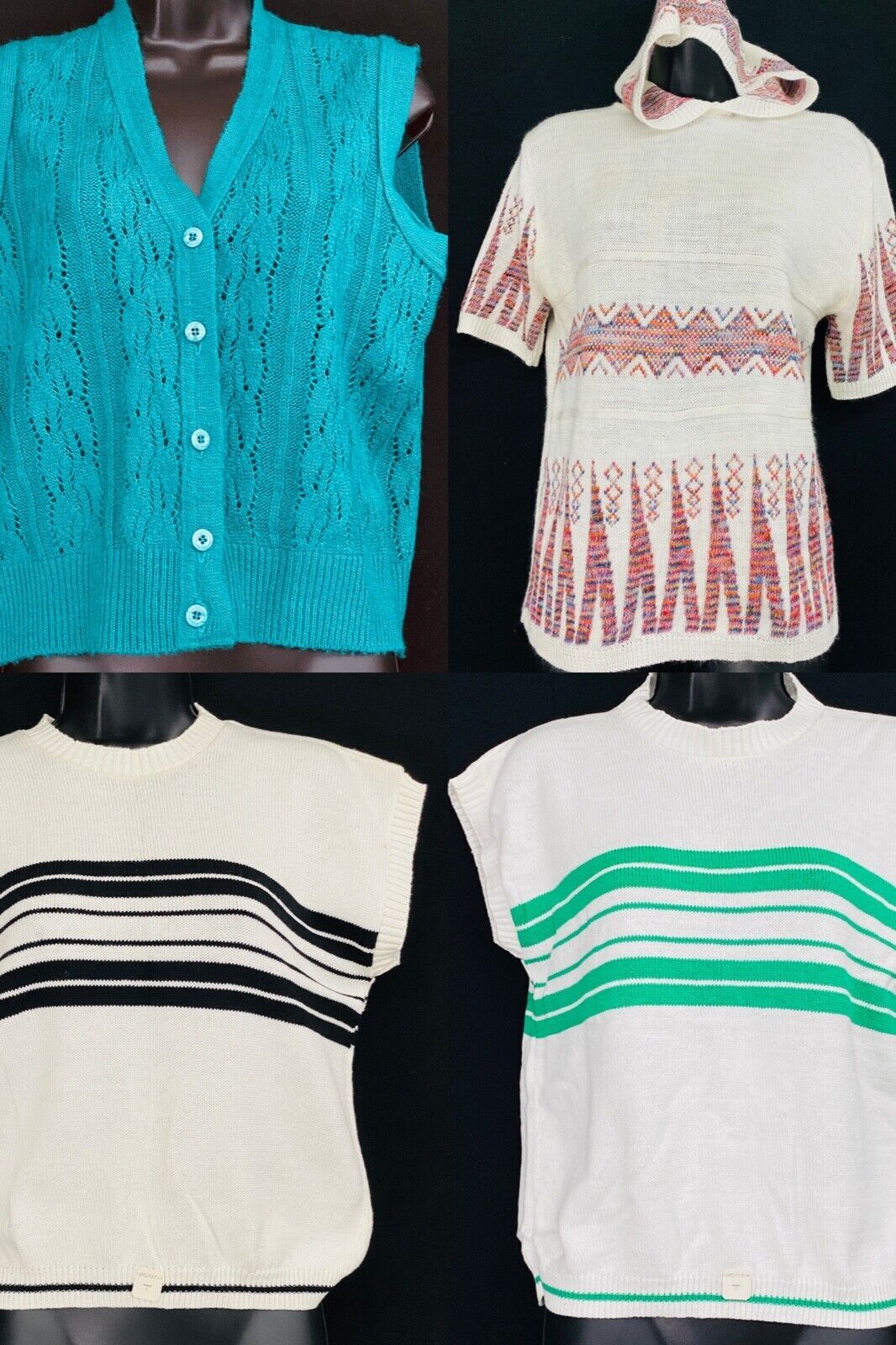 Vintage shirt lot, 1970 1980 deadstock sweater vest white teal red hood top L