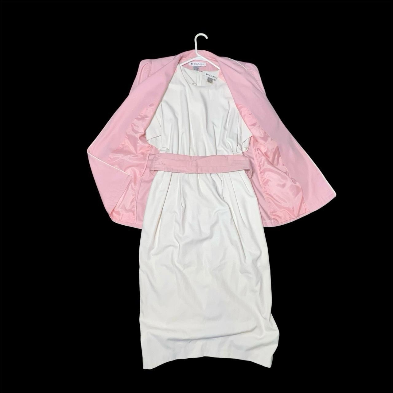 Vintage 80s 90s Ms Chaus Pastel Pink White Two Piece Dress Blazer Belt Set Sz 10