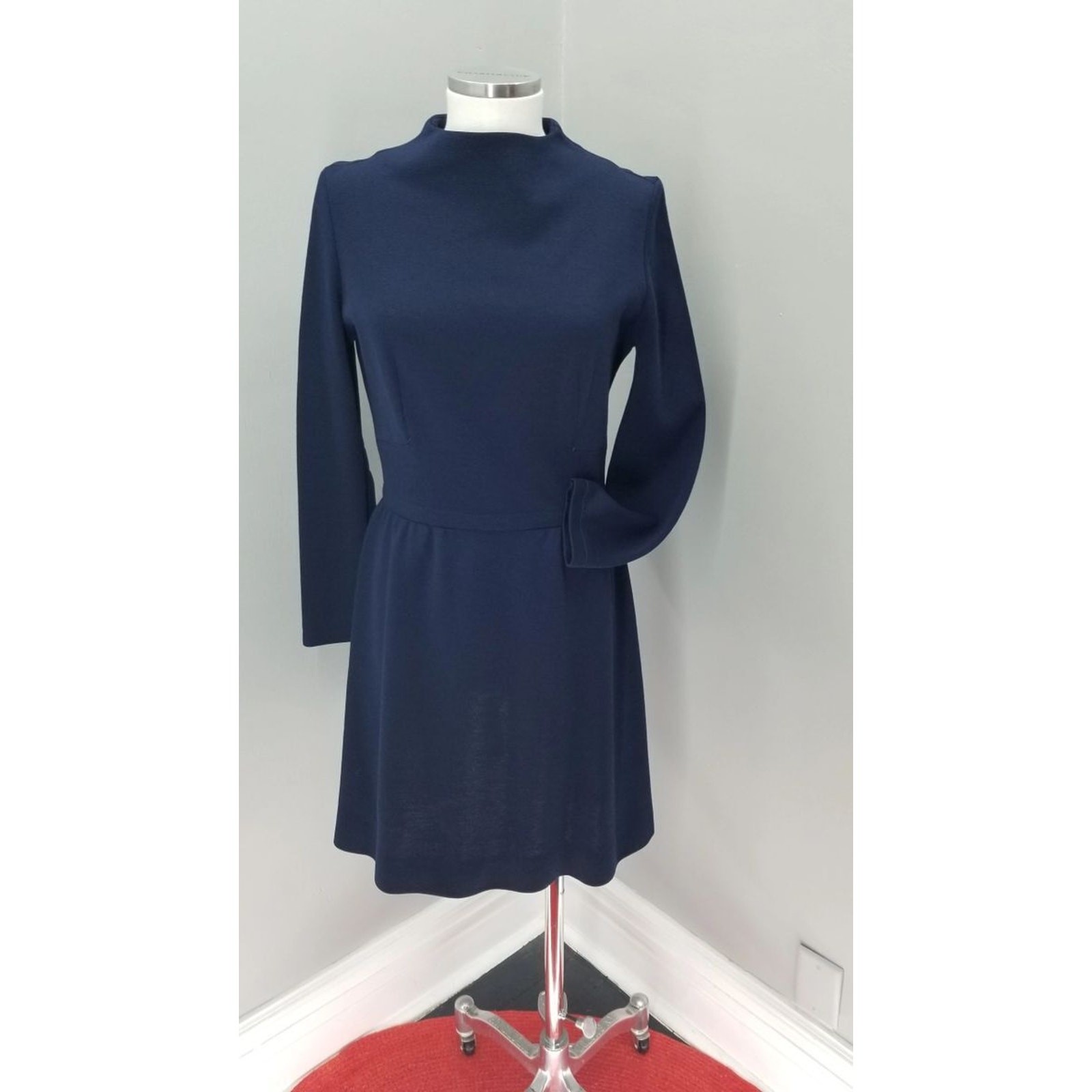 60s VTG Jonathan Logan Navy Blue Wool Knit Dress High Neck A Line Mini Dress – M