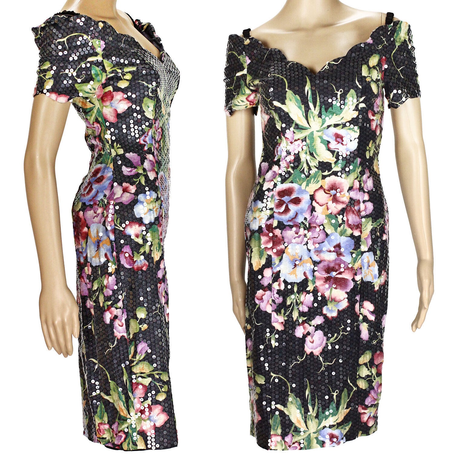 1980s 90s Vintage Expo Dress Black Floral Wet Look Sequin Party Evening Prom 4