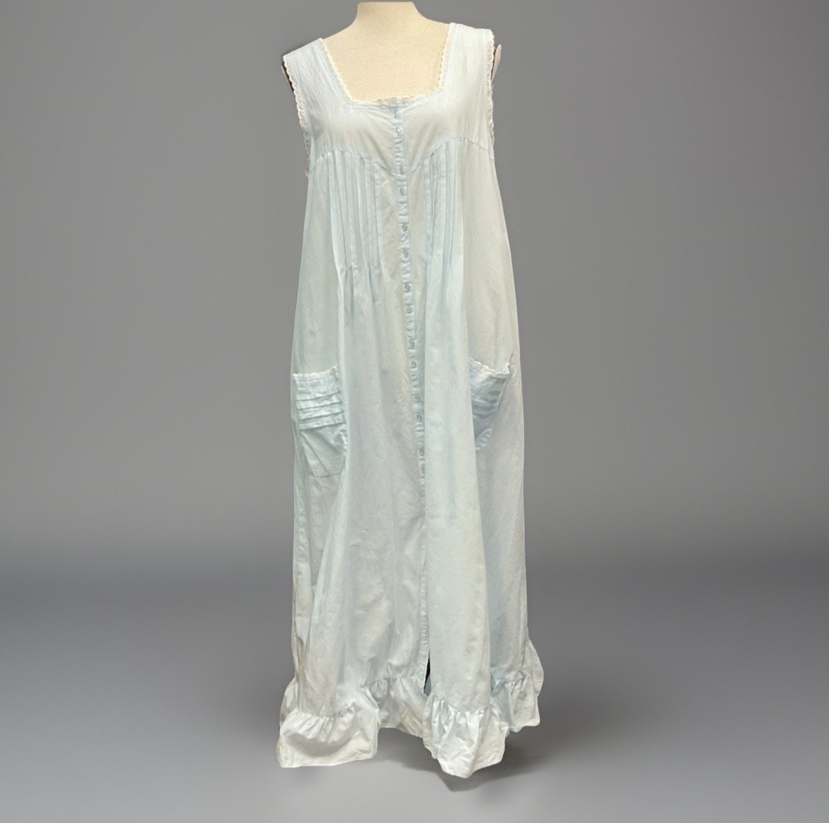 VTG Lewis Frimel Blue Cotton Nightgown M Lace Buttons Pintuck Maxi Cottage Core