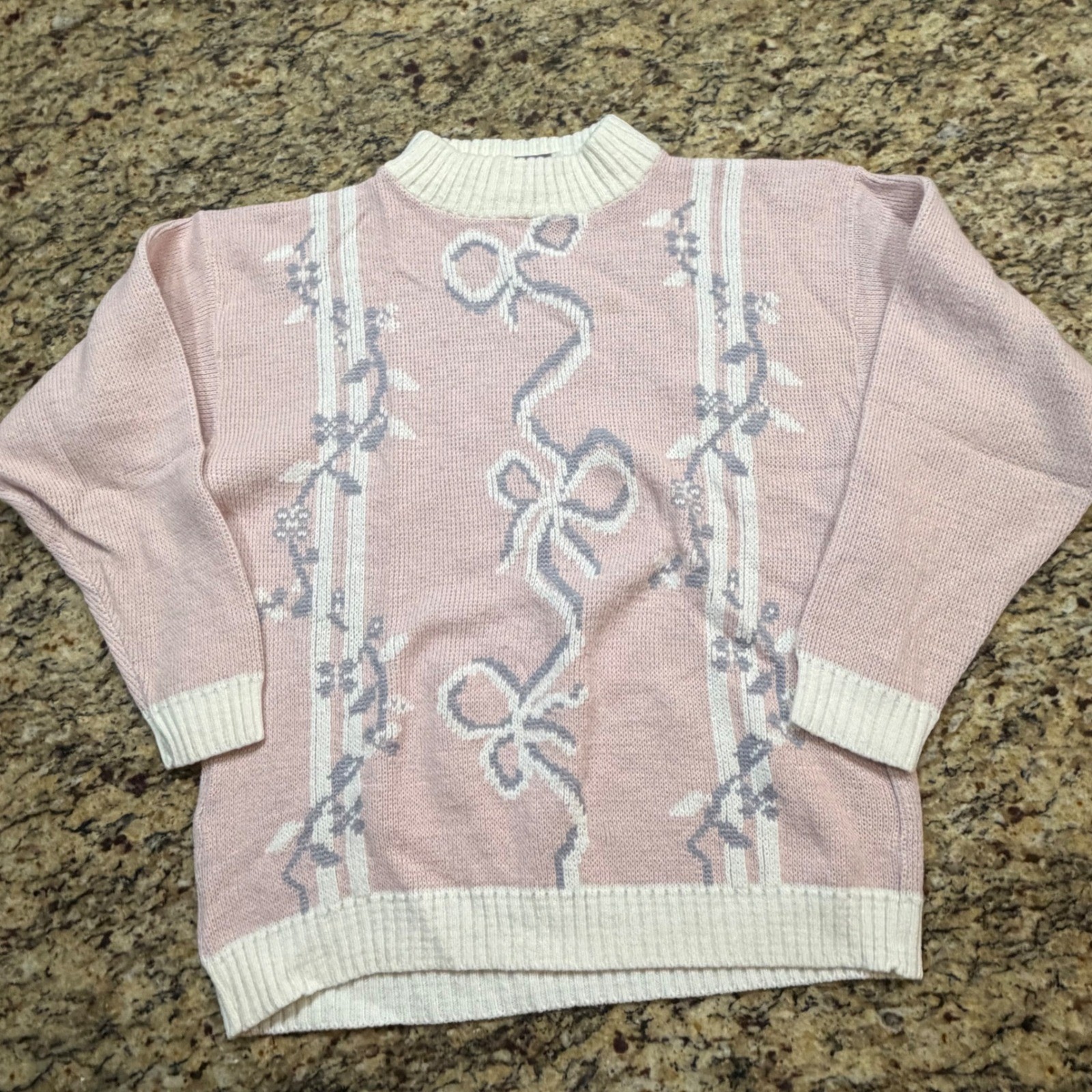 Vintage Alicia Pink White Bow Floral Mock Neck Knit Sweater Women Retro M