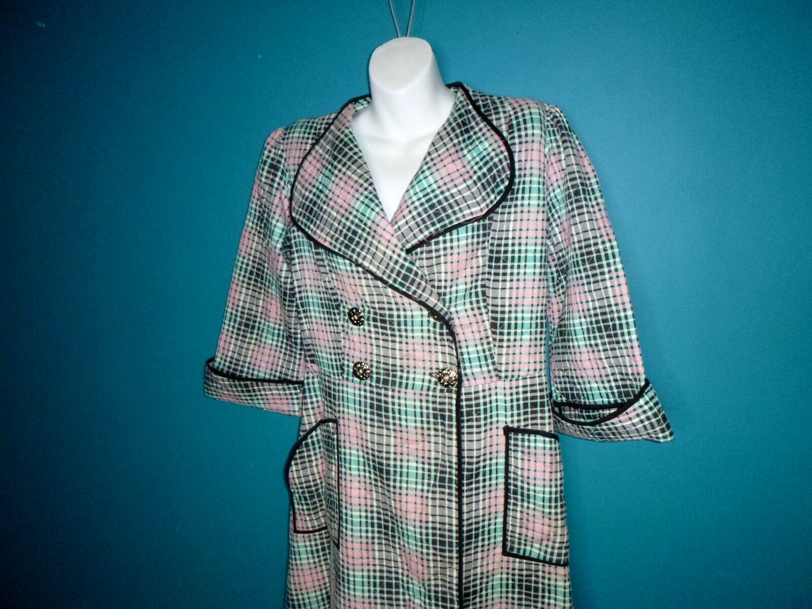 Vtg 1940s Paintset Long Quilted Cotton Robe Black Aqua Pink Plaid Sz L/XL