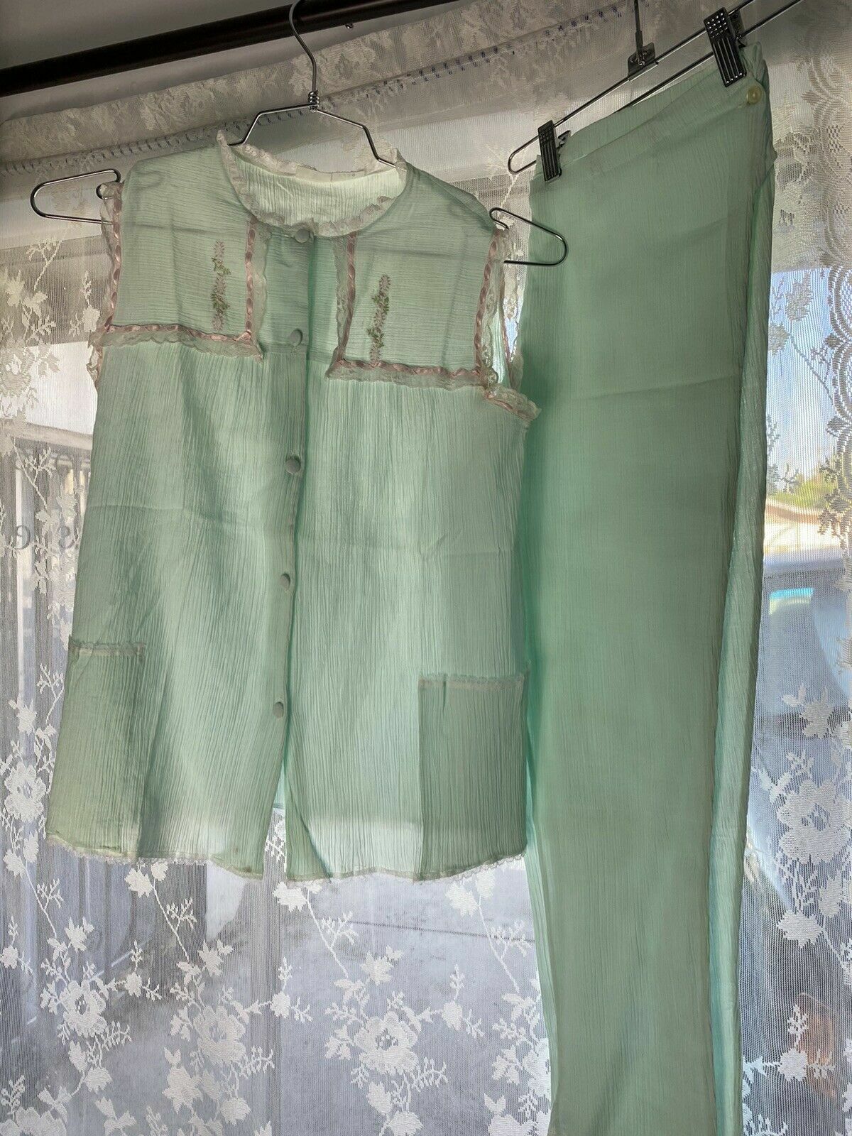 Vintage Crinkle Pastel Seafoam Mint Green Pajama Set Thin Sheer Lace 100% Cotton