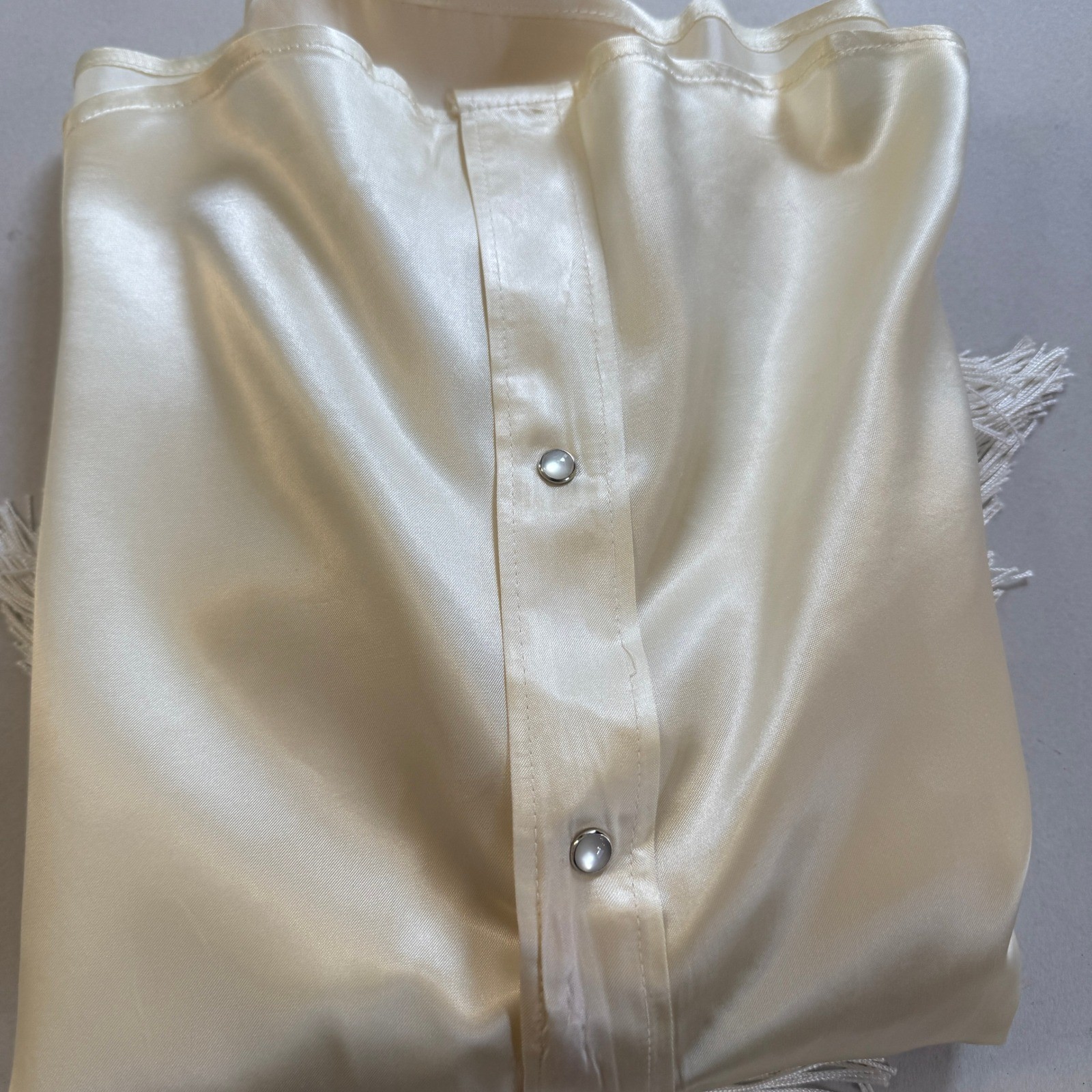 Vintage 70s Roper Western Shirt Ivory Satin Fringe Pink Embroidery Pearl Small