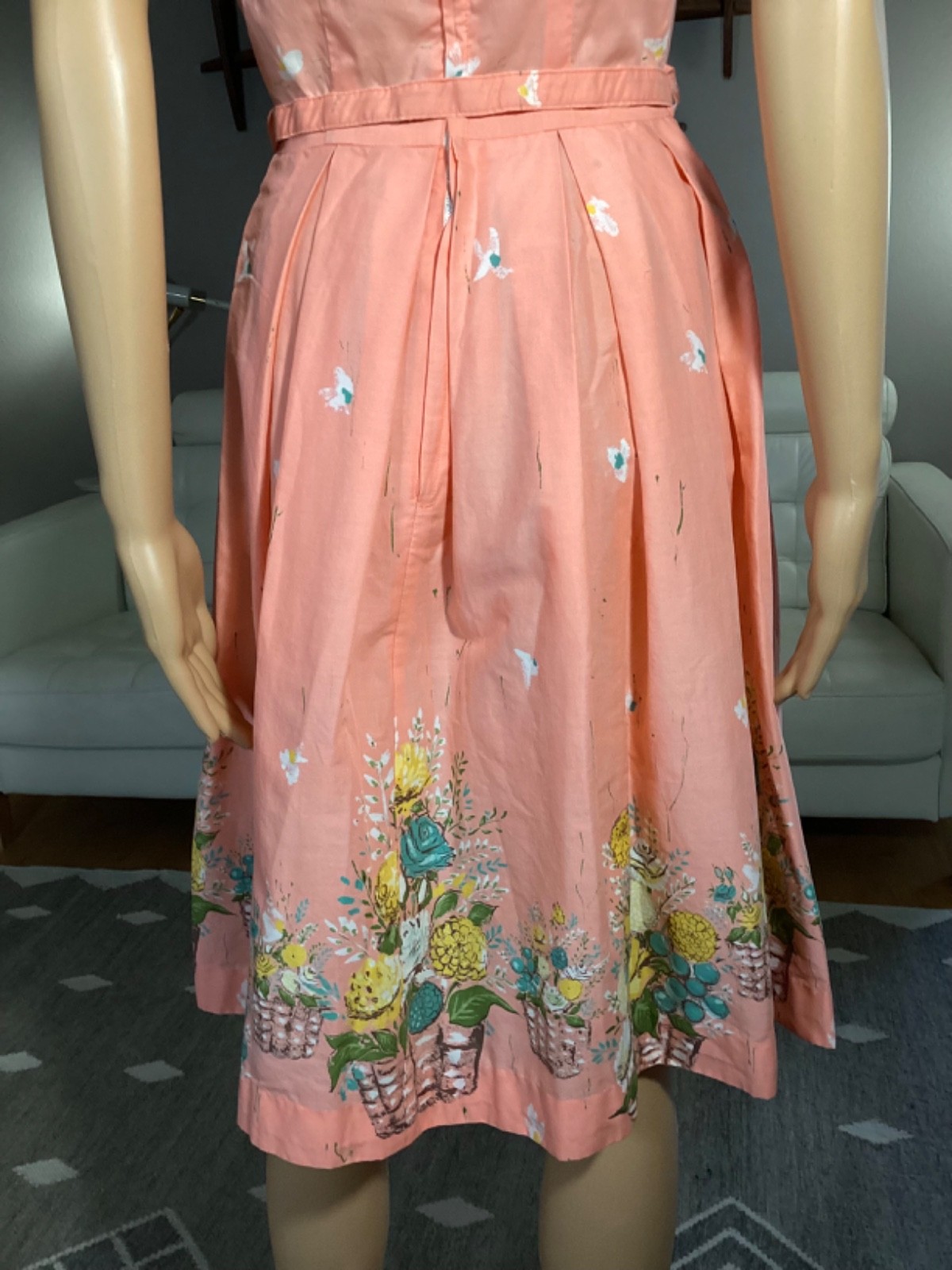 Vintage 1950s Flower Basket Bouquet Pink Cotton Belted Sun Dress Novelty Print