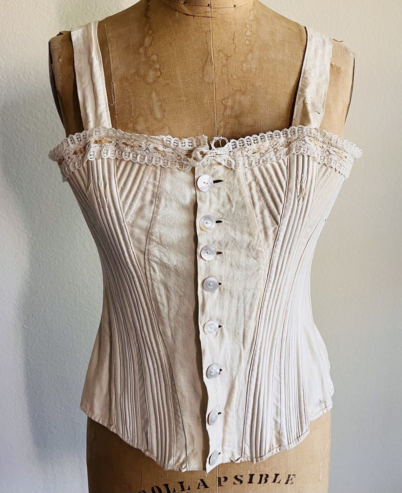 Antique Victorian Corset Creamy White Cotton & Lace Edwardian Vintage