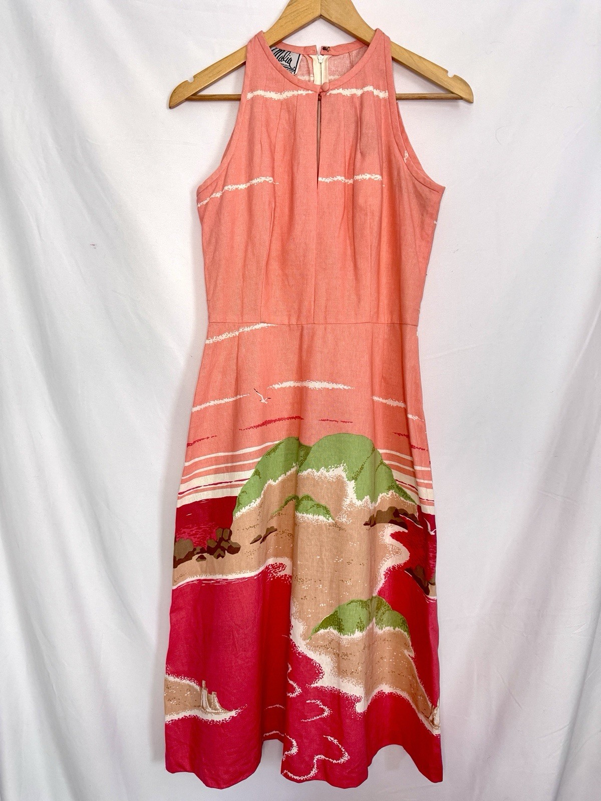 Vintage Malia Honolulu Sleeveless Island Motif Coral Day Dress Small