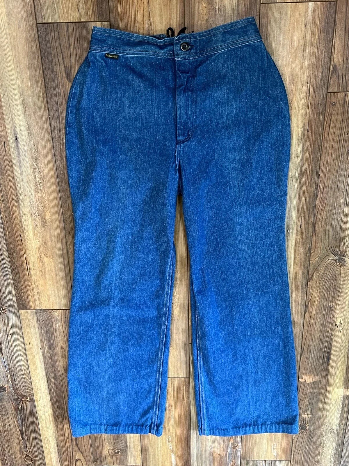 Vintage 1970s MAVERICK 26” Waist Lace Back Flare Denim Blue Jeans 30” On Inseam