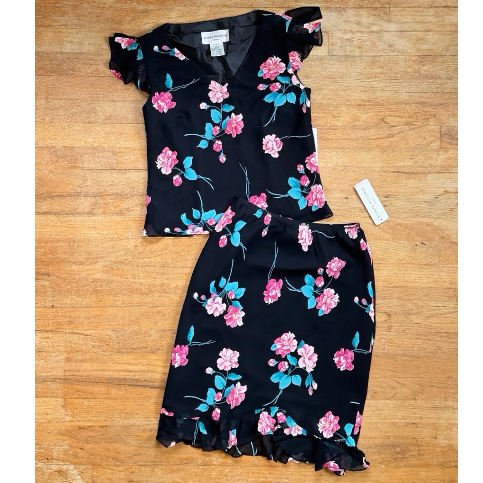 Vintage Evan Picone Floral Skirt Set Size Small 4/6 Black Pink Two Piece Outfit