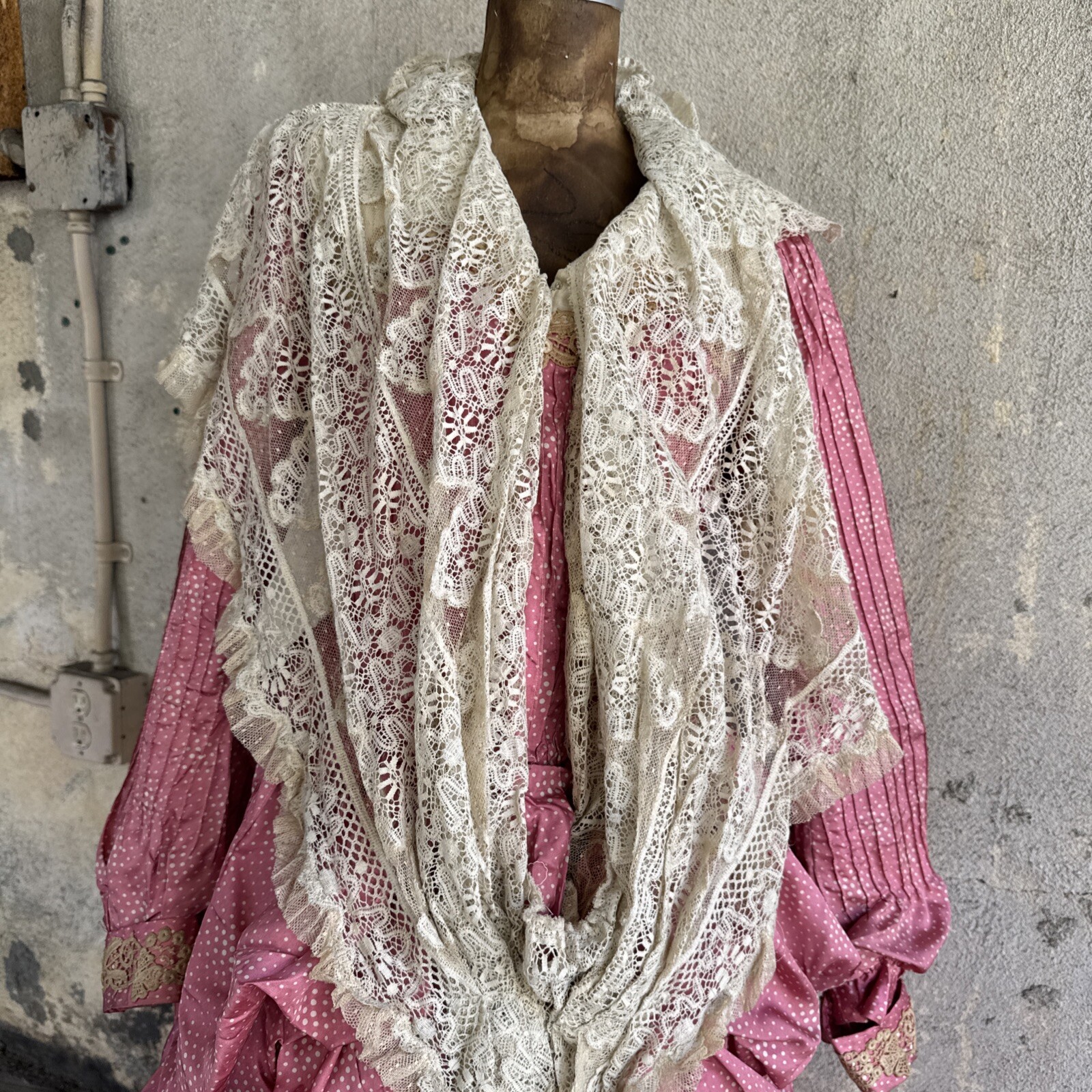 Antique Victorian Pink Silk Dot Print Dress Side Bustle Gown Lace 1880s Vintage