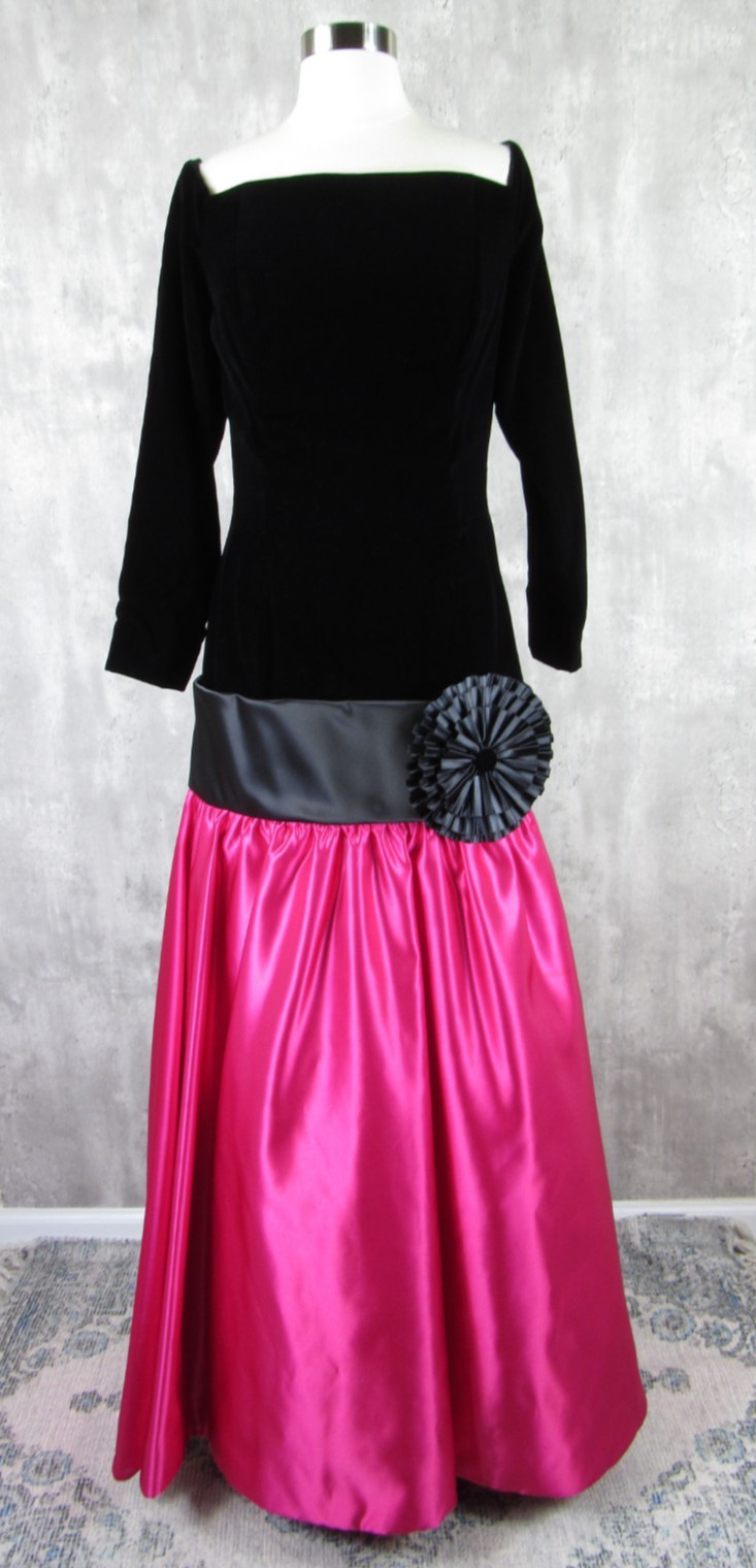 Vintage 80s Victor Costa Black Velvet Pink Satin Drop Waist Gown Dress Med Saks