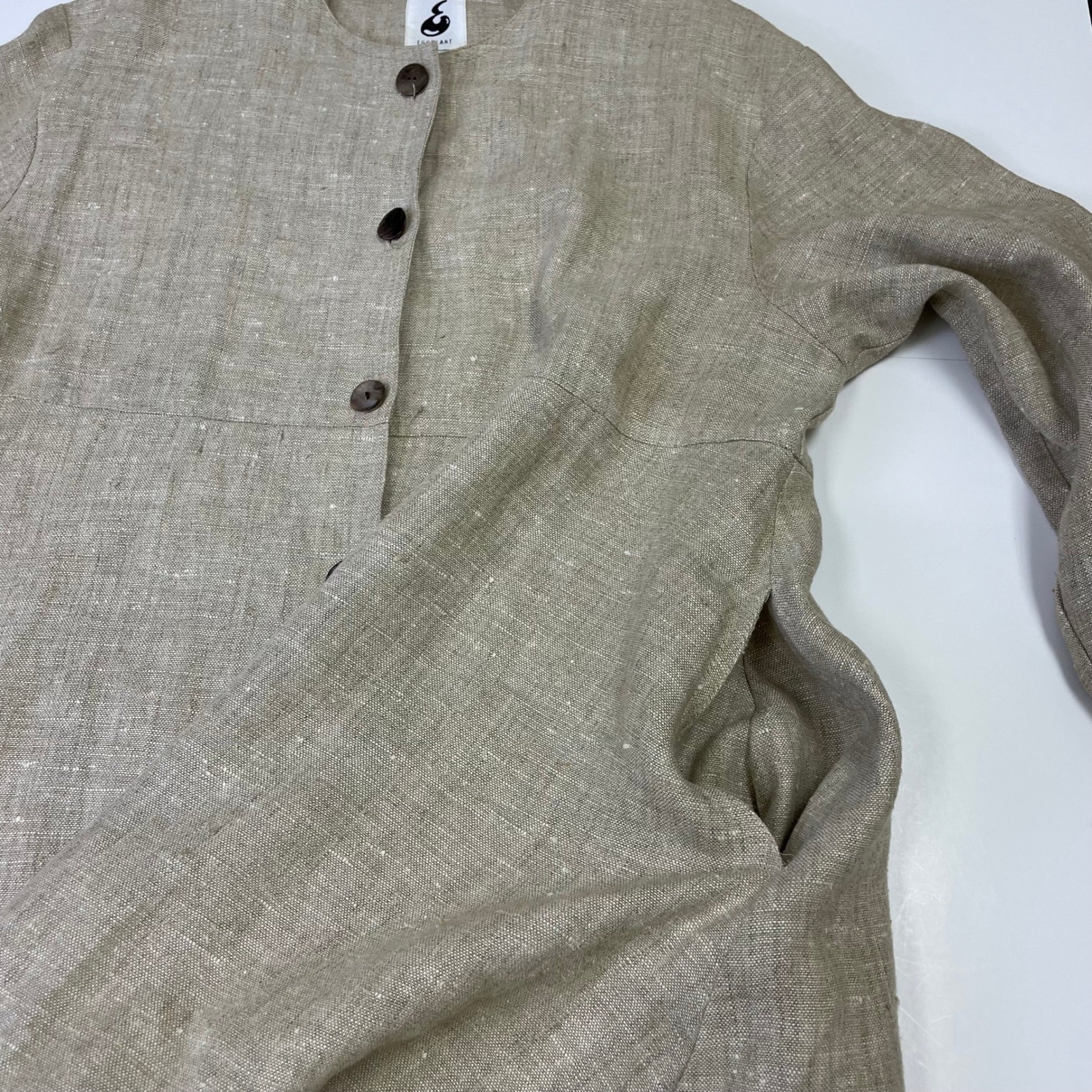Vintage Eggplant 100% Linen Tunic Jacket XL Beige Button Down USA Lagenlook