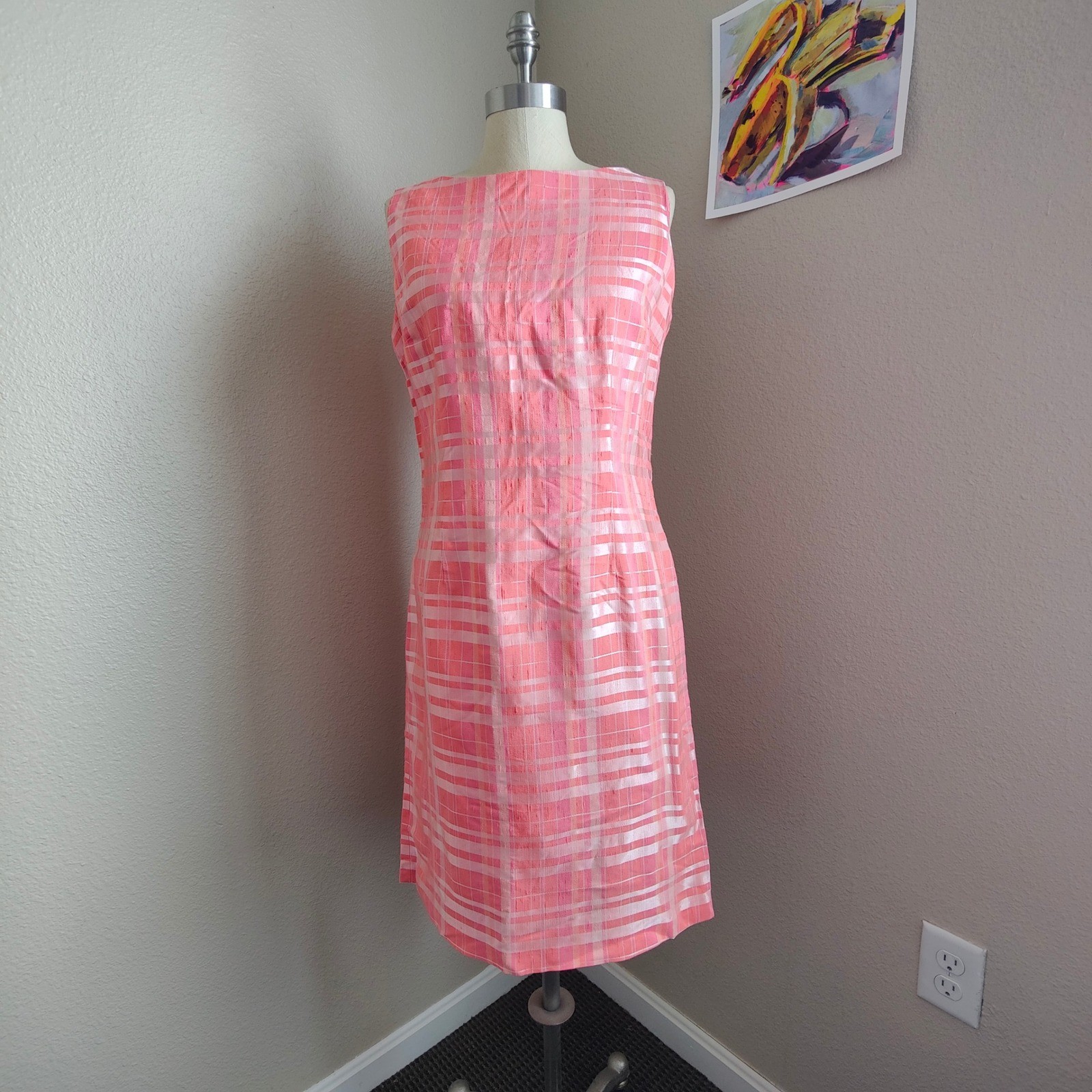 Helene Blake Vintage 90s Pink Orange Plaid Sheath Dress 12 USA Coquette Feminine