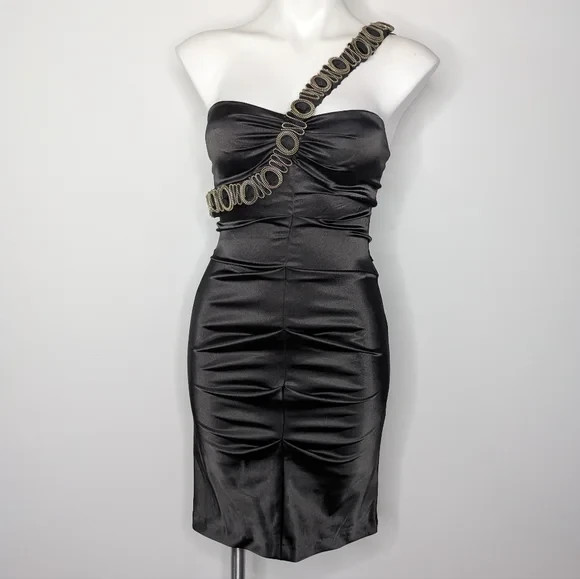 Vintage Blondie Nites Black Silver One Shoulder Zipper Strap Body Con Dress 1