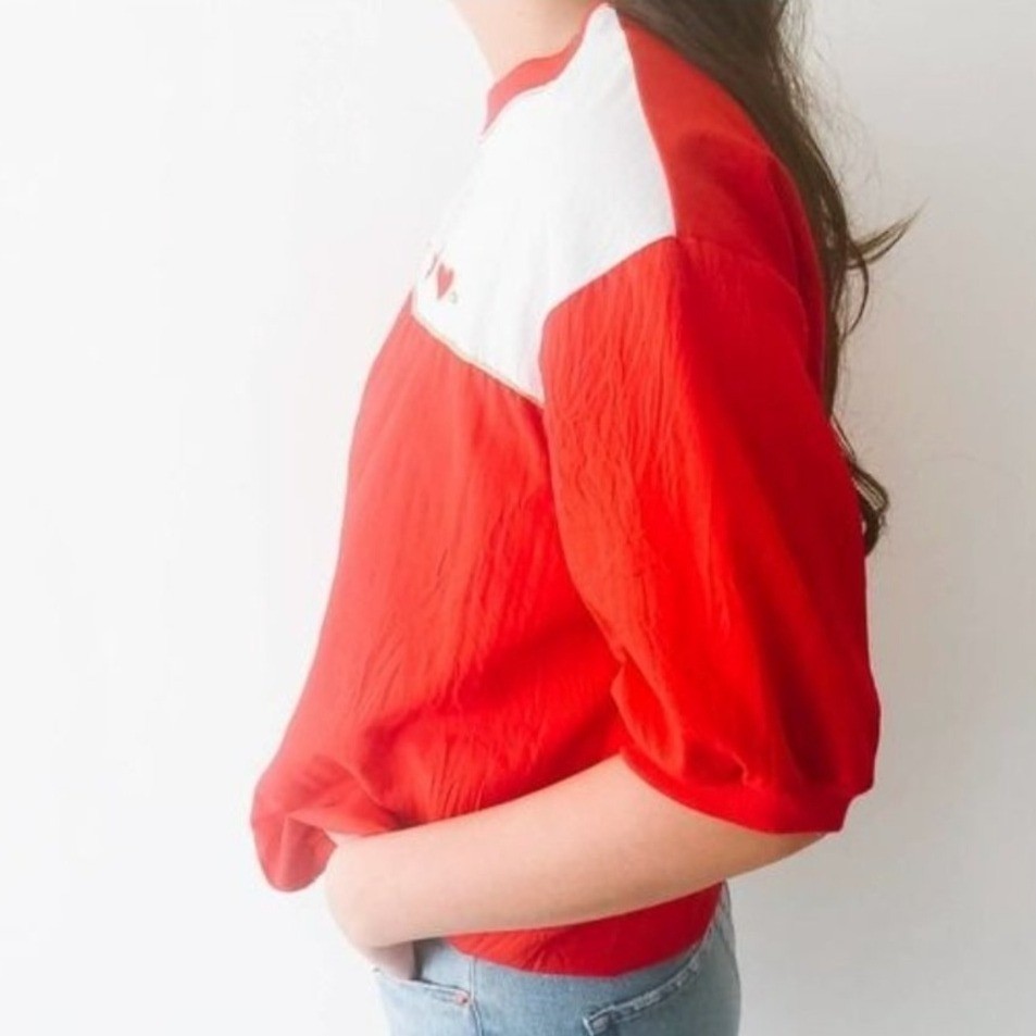 Vintage BonWorth Red White Colorblock Heart Star Studded Blouse Top Womens