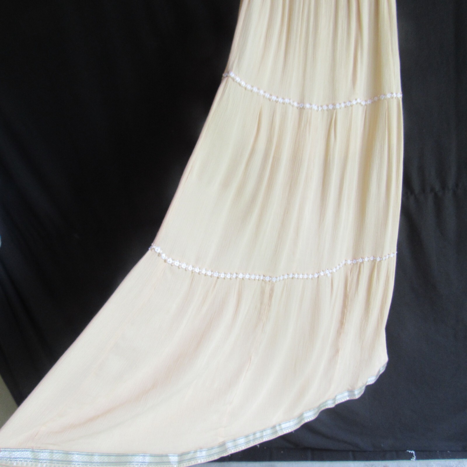 Vintage Skirt Tall Gal S XS Beige Pink Silver Trim Gauze Maxi Tier Ric Rac
