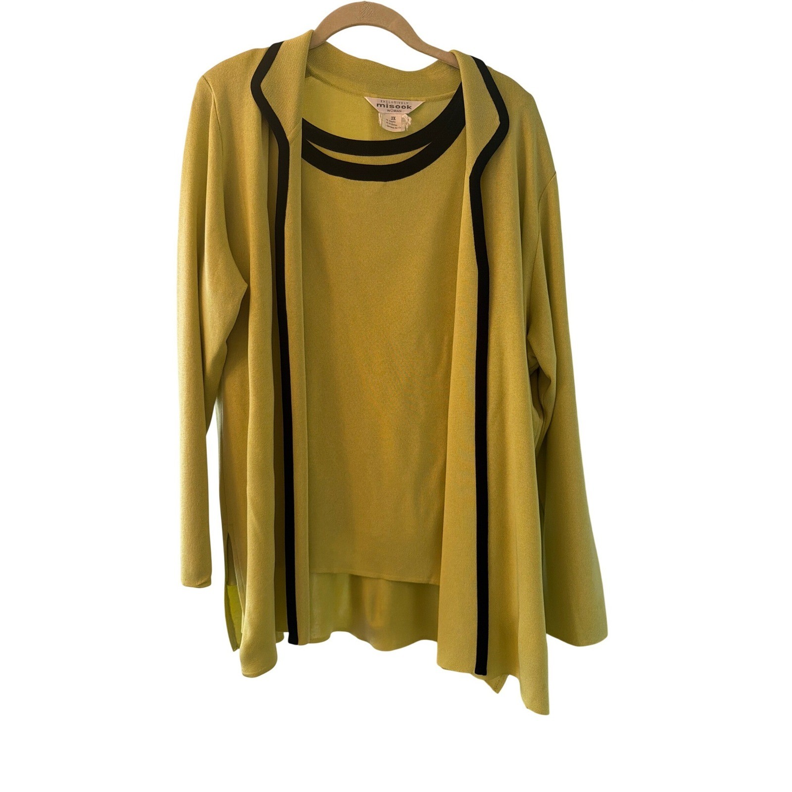 Misook Knit Set Chartreuse Green Black Trim Cardigan Shell 2X Plus Size Luxury