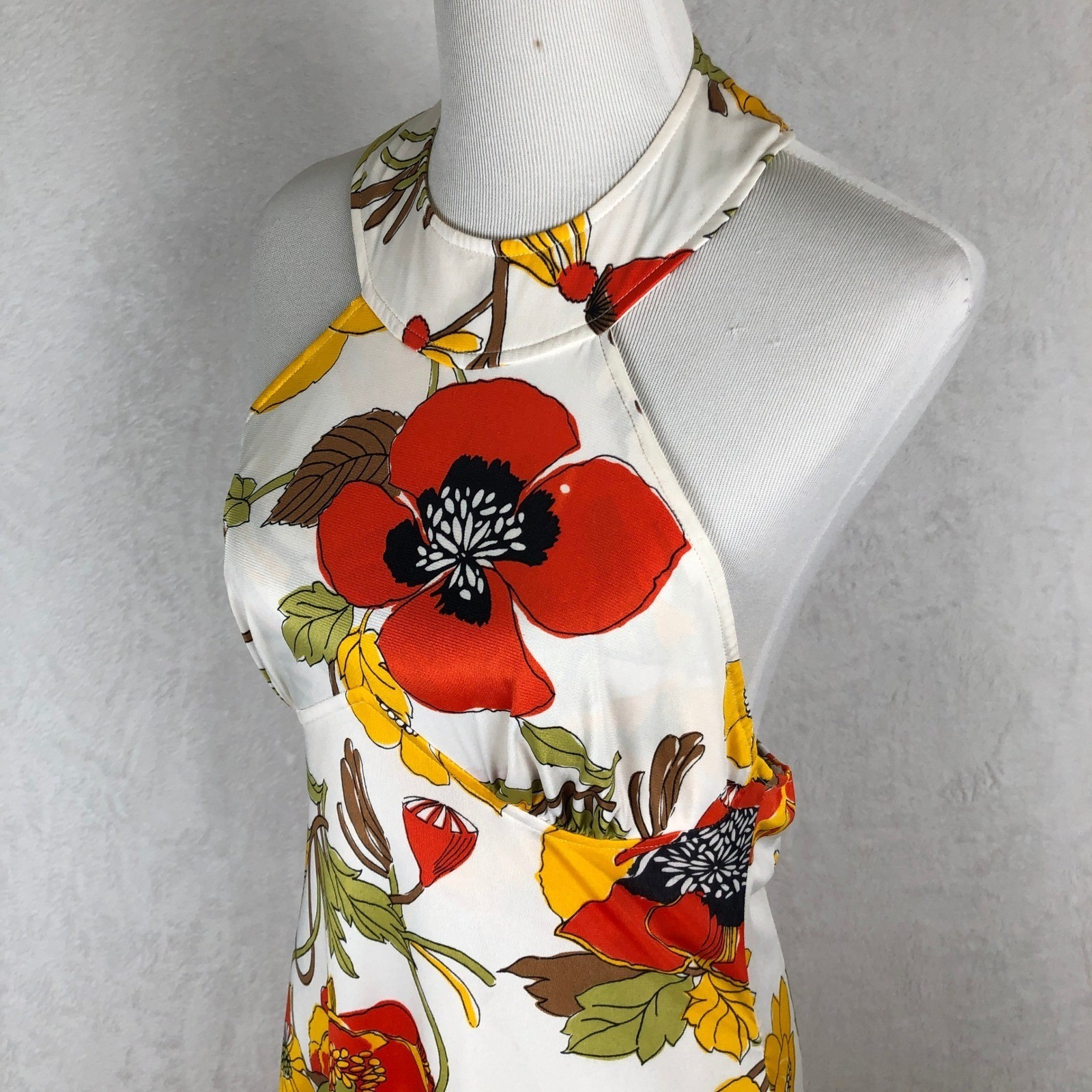 VTG 70s Floral Poppy Open Back Round Neck Halter Maxi Dress Sz S/M White