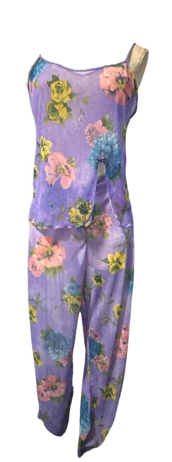 Lingerie Lounge Set Petra Fashions Sheer Floral Boho Harem Pants USA M Vintage