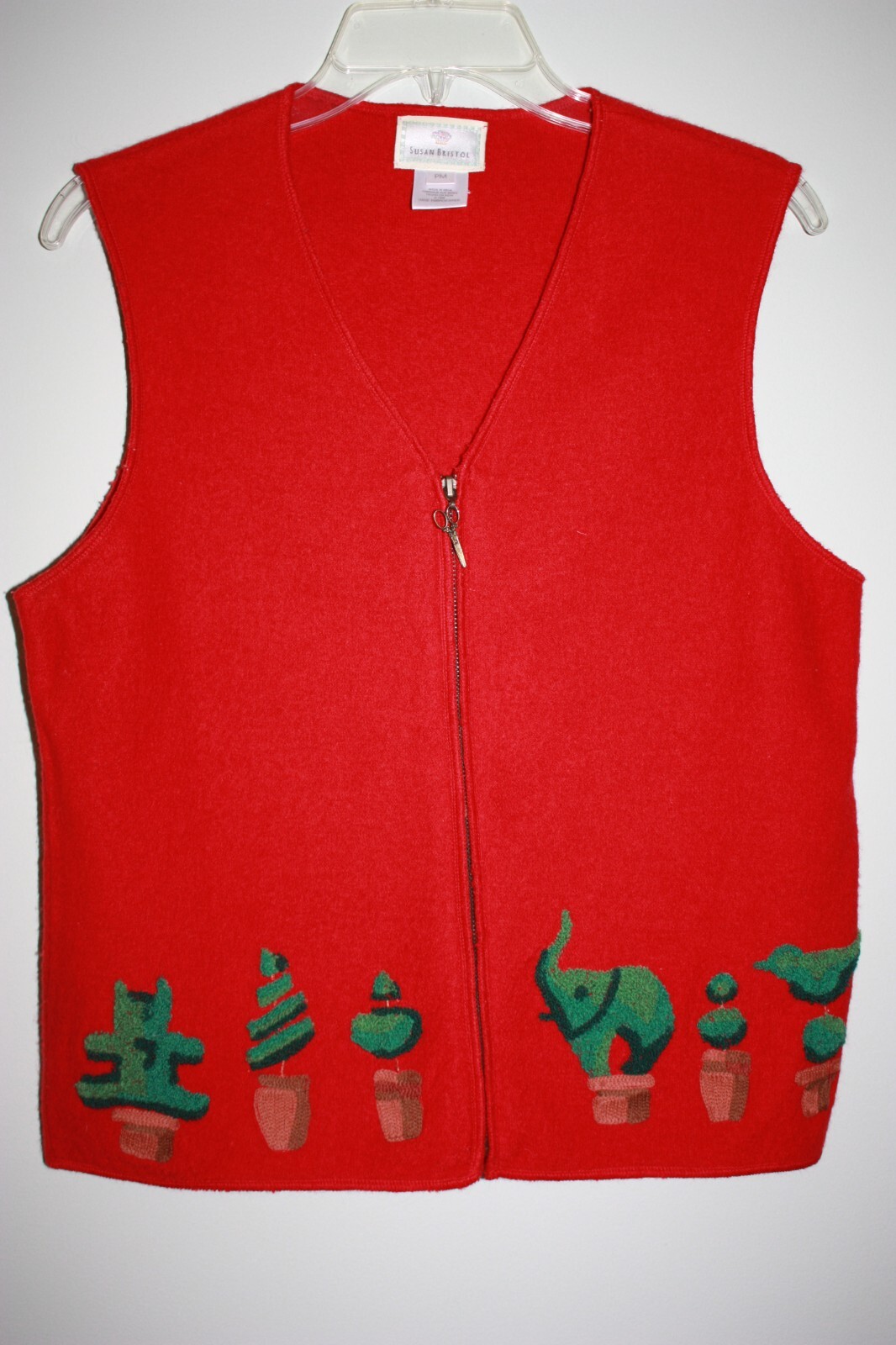 Vtg Susan Bristol Wool Sweater Vest SZ Petite M Embroidered Topiaries EUC zipper