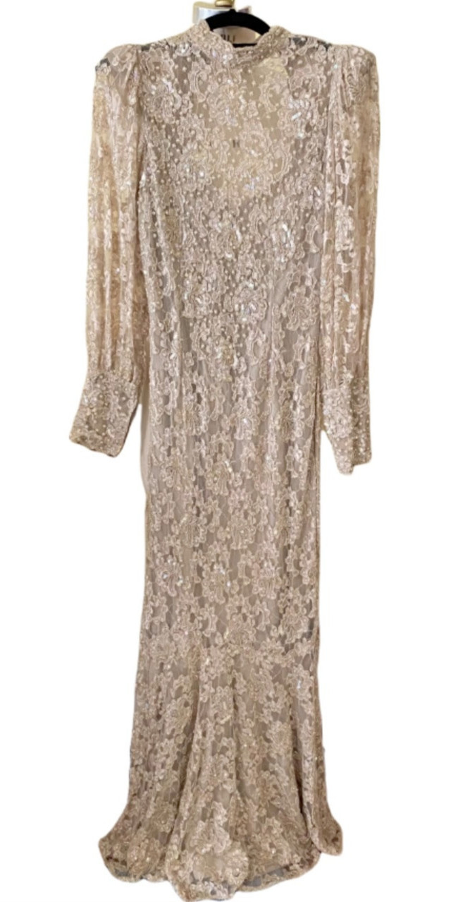Vintage Judith Ann Creations Ivory Beaded Lace Wedding Gown Keyhole Back Size S