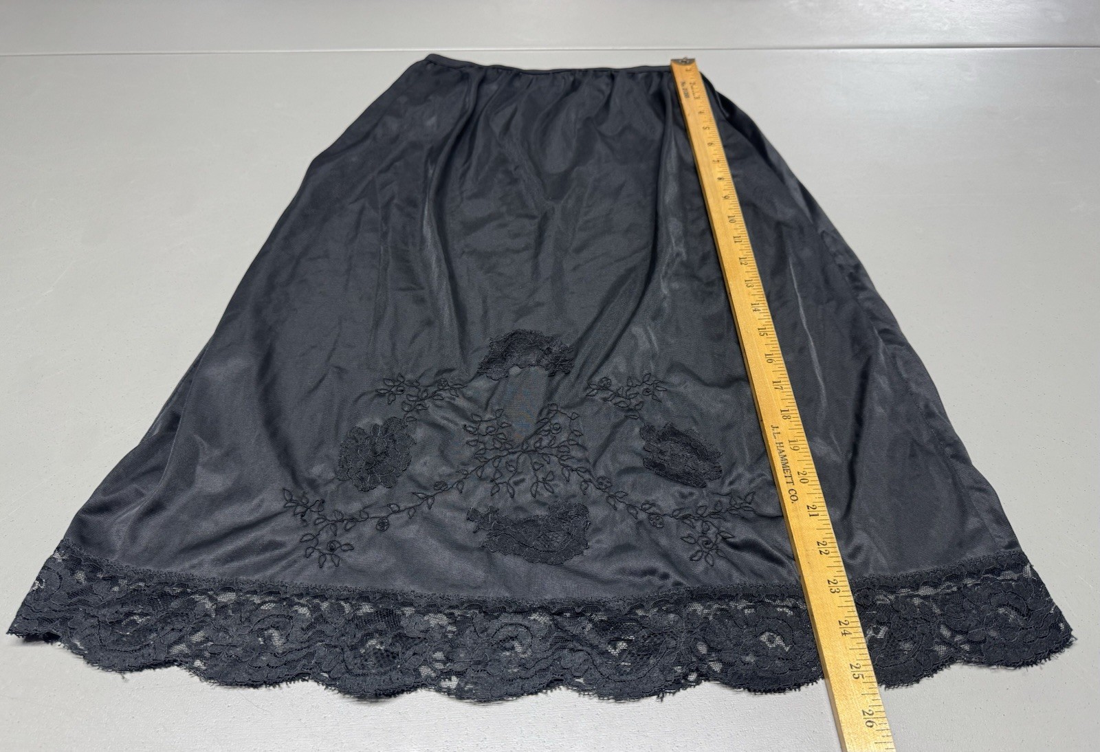 Vtg Top Form Floral Embroidery Half Slip 25” Black Silky Nylon M Sissy Lace Trim