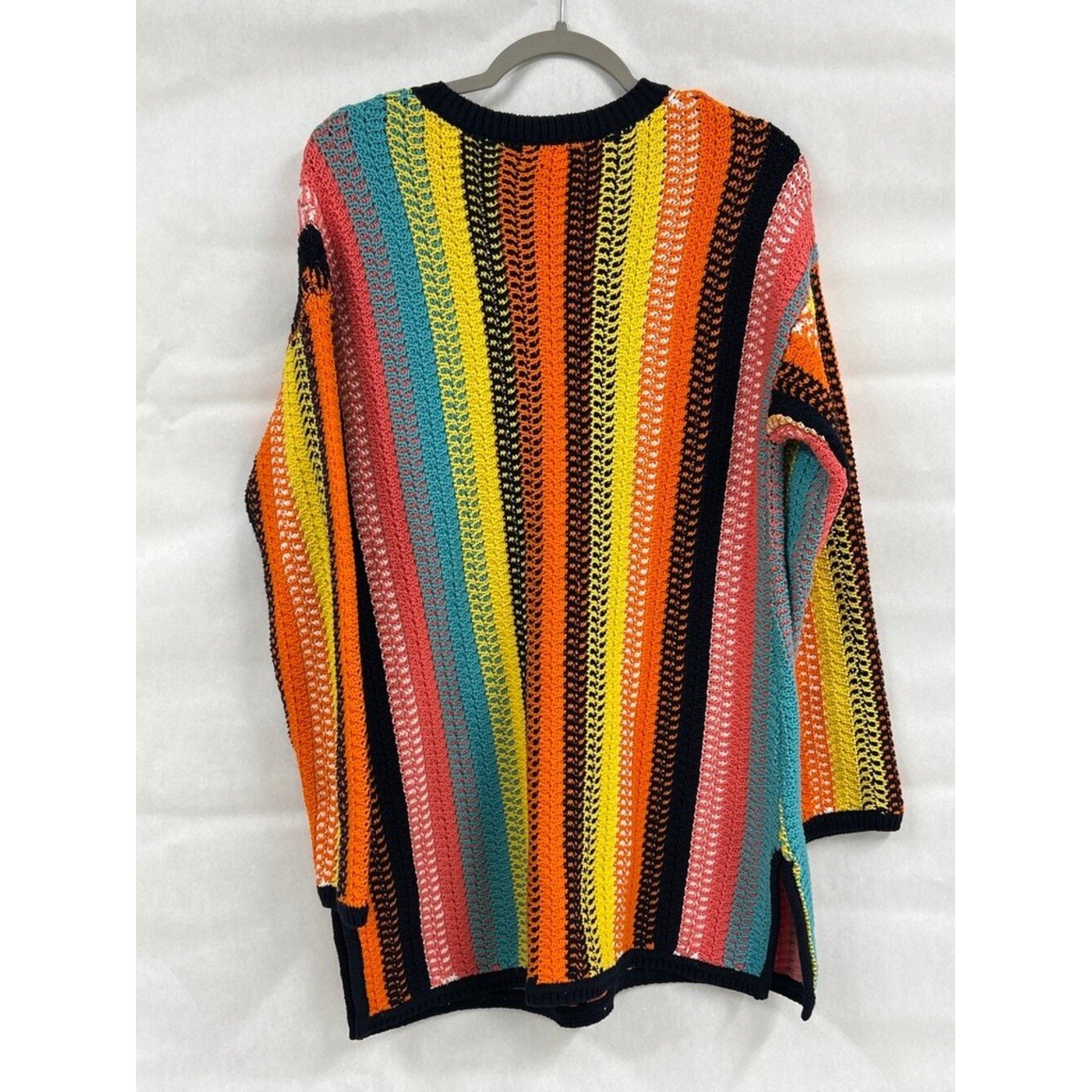 NWT Rainbow Crochet OpenKnit Sweater Large Boho Rainbow Festival Coastal