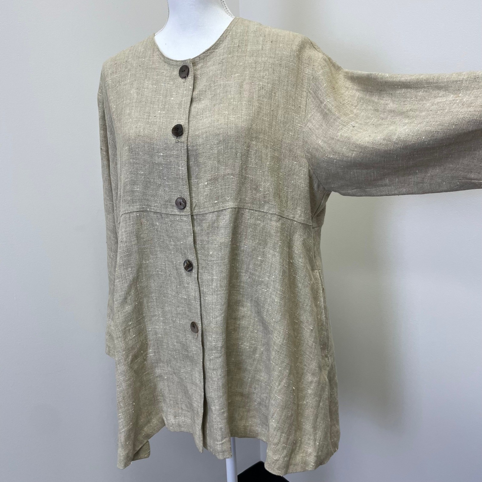 Vintage Eggplant 100% Linen Tunic Jacket XL Beige Button Down USA Lagenlook