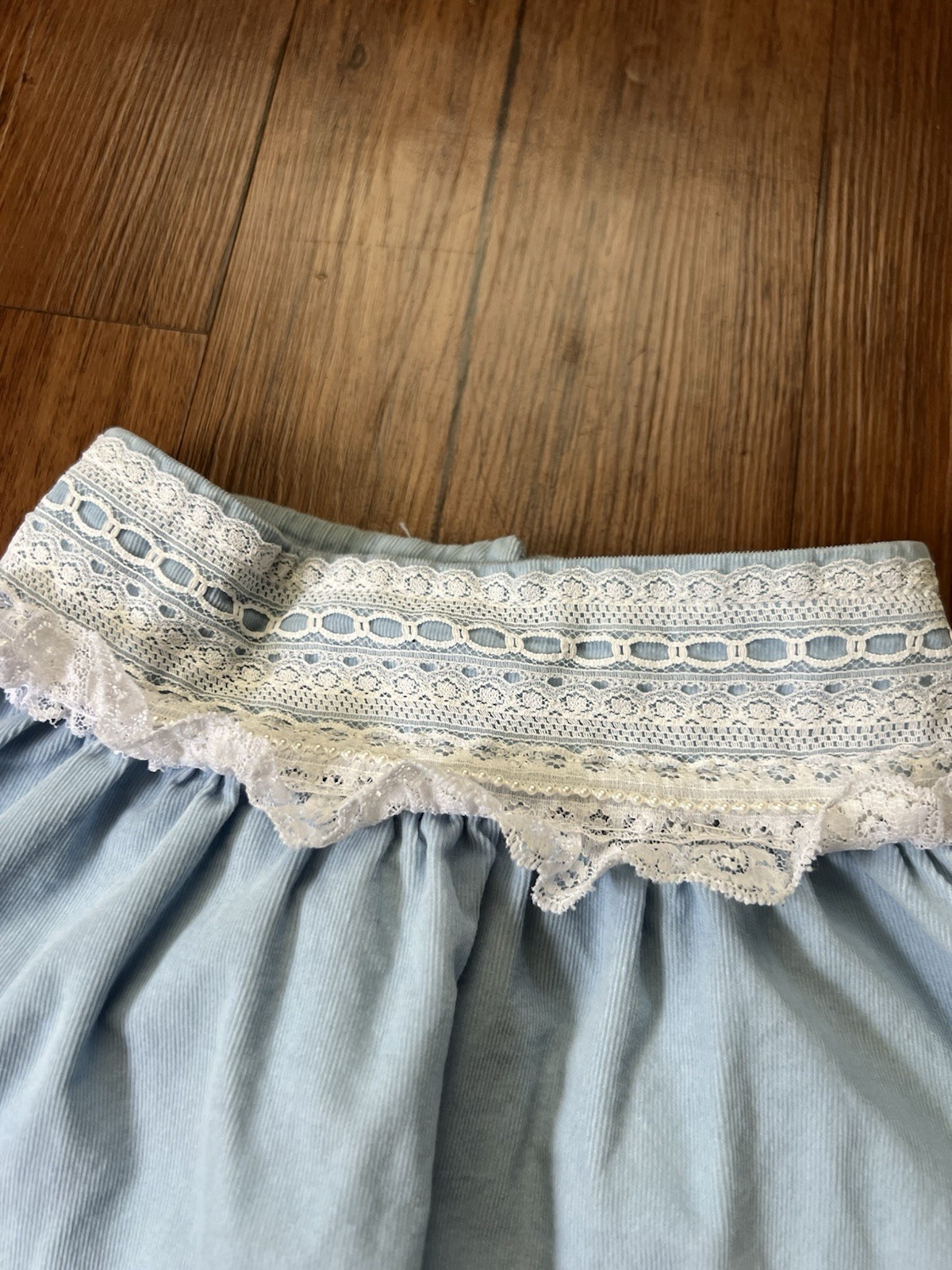 Vintage 70s 80s Victorian Blouse XL Blue Lace Romantic Balloon Sleeve Handmade