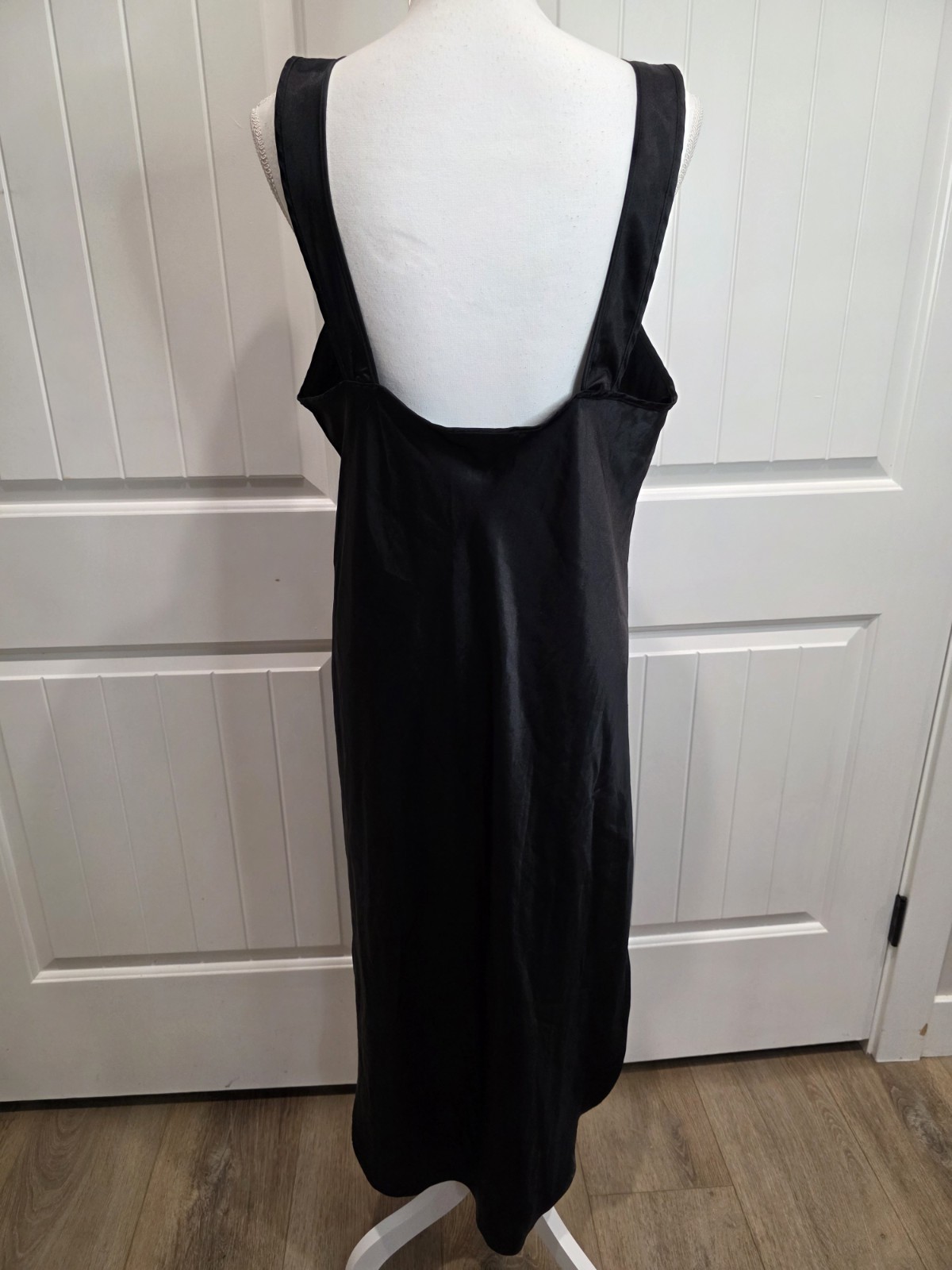 Cinema Etoile Black Satin Slip Dress Sz L Gown Maxi Lace Beaded Neckline USA