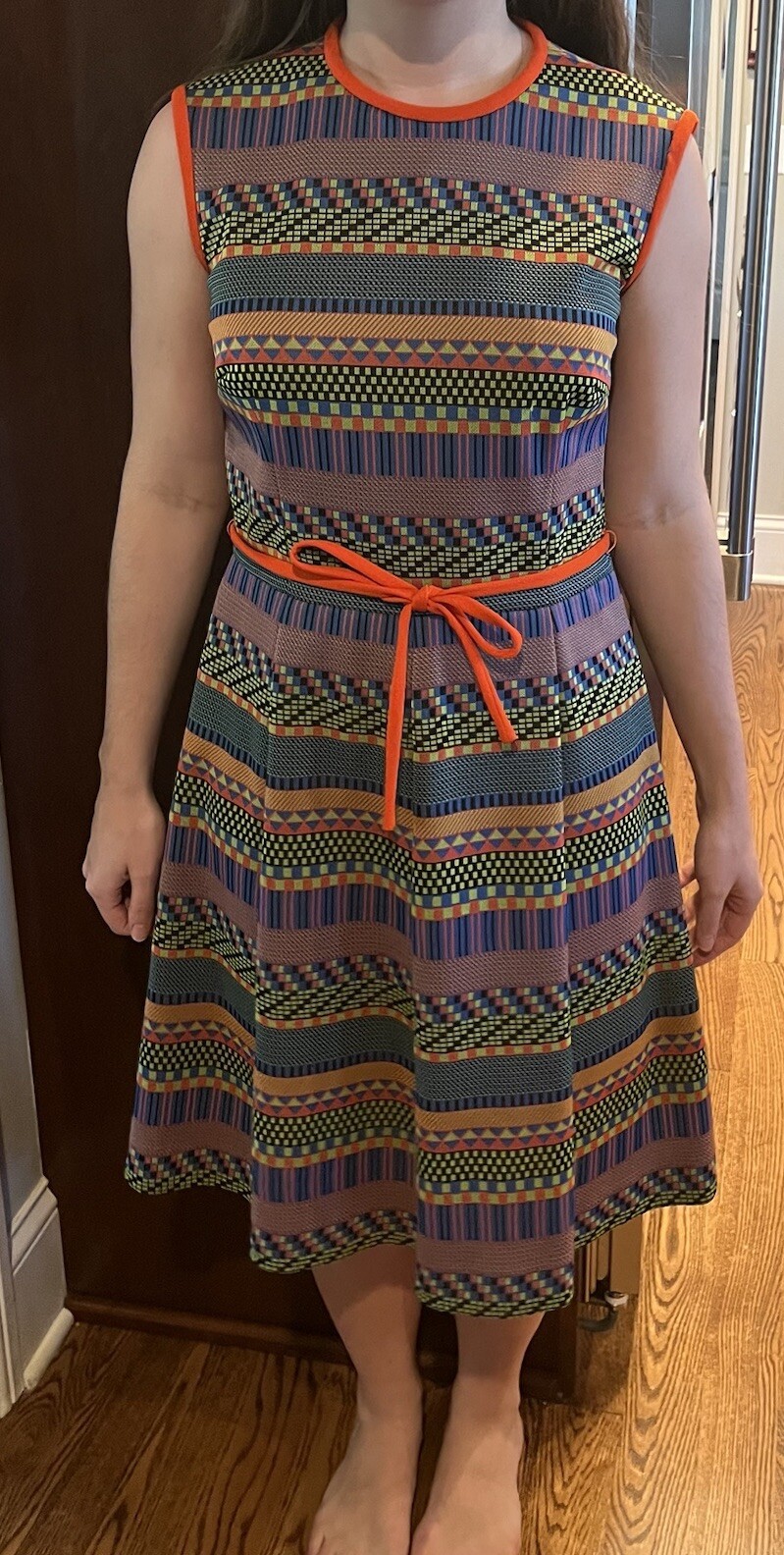 Vintage Kay Windsor Blue Red Polyester Geometric Check Stripe Sleeveless Dress