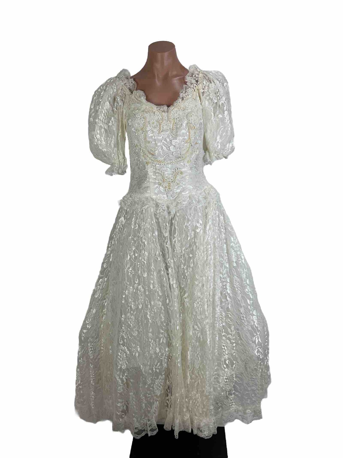 Vinatge 80s JCPENNEY Lace Puffy Sleeve Wedding Tea Dress Party Prom Reception 6