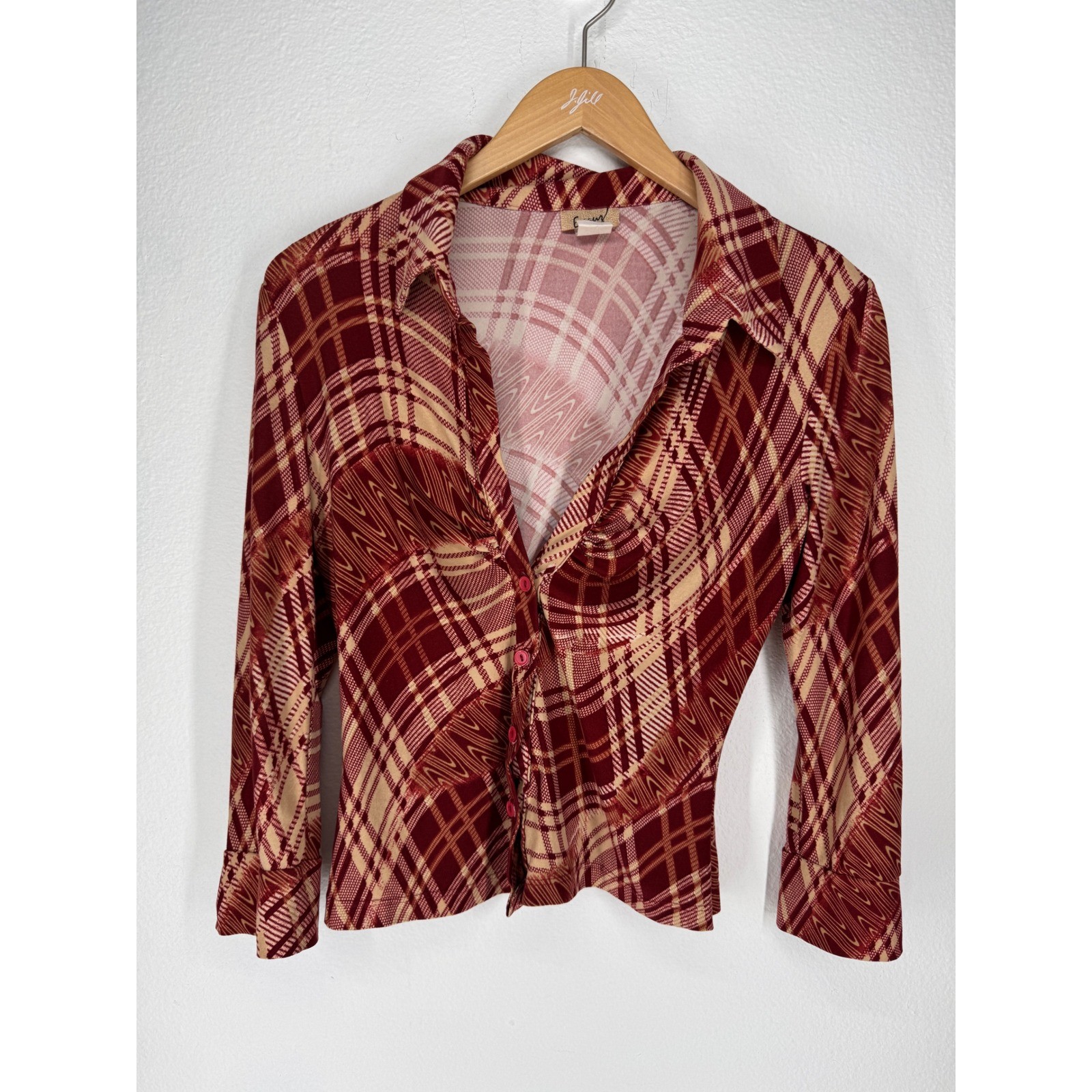 Vintage 90s Y2K Abstract Button Blouse Small Burgundy 70s Style Disco Stretch