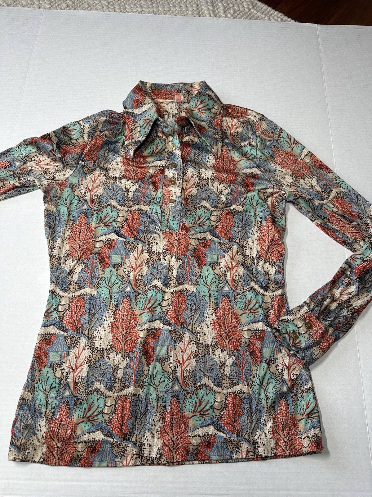 Vtg 70s Disco Button Shirt S/M MCM Trees Hippy Long Sleeve Pullover 60s Tarrri