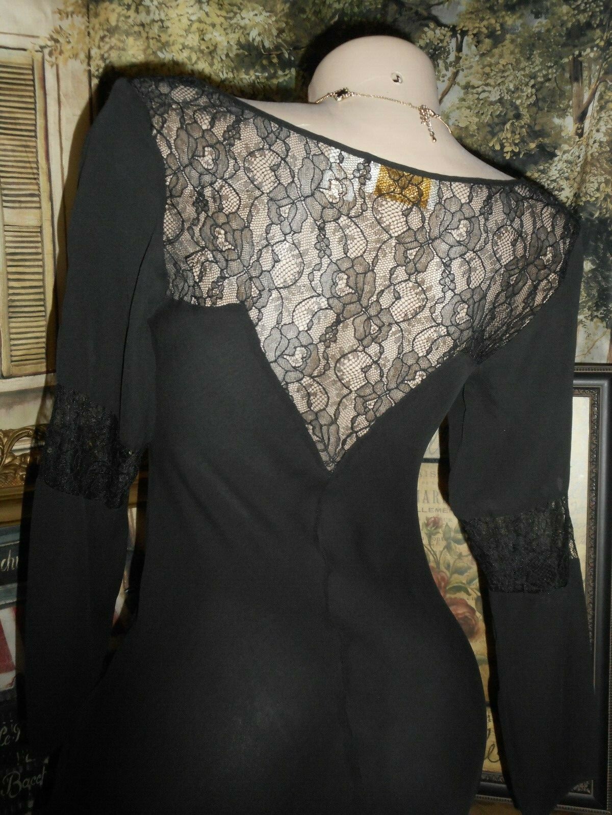 S P Victoria’s Secret Silk Gown Dress Long Black Chiffon Lace BackTrain 3/4 Slv