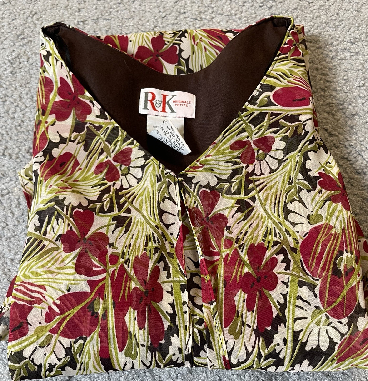 80’s R&K Originals Layered Floral Dress 8P Green Red Chiffon Career Boho Party