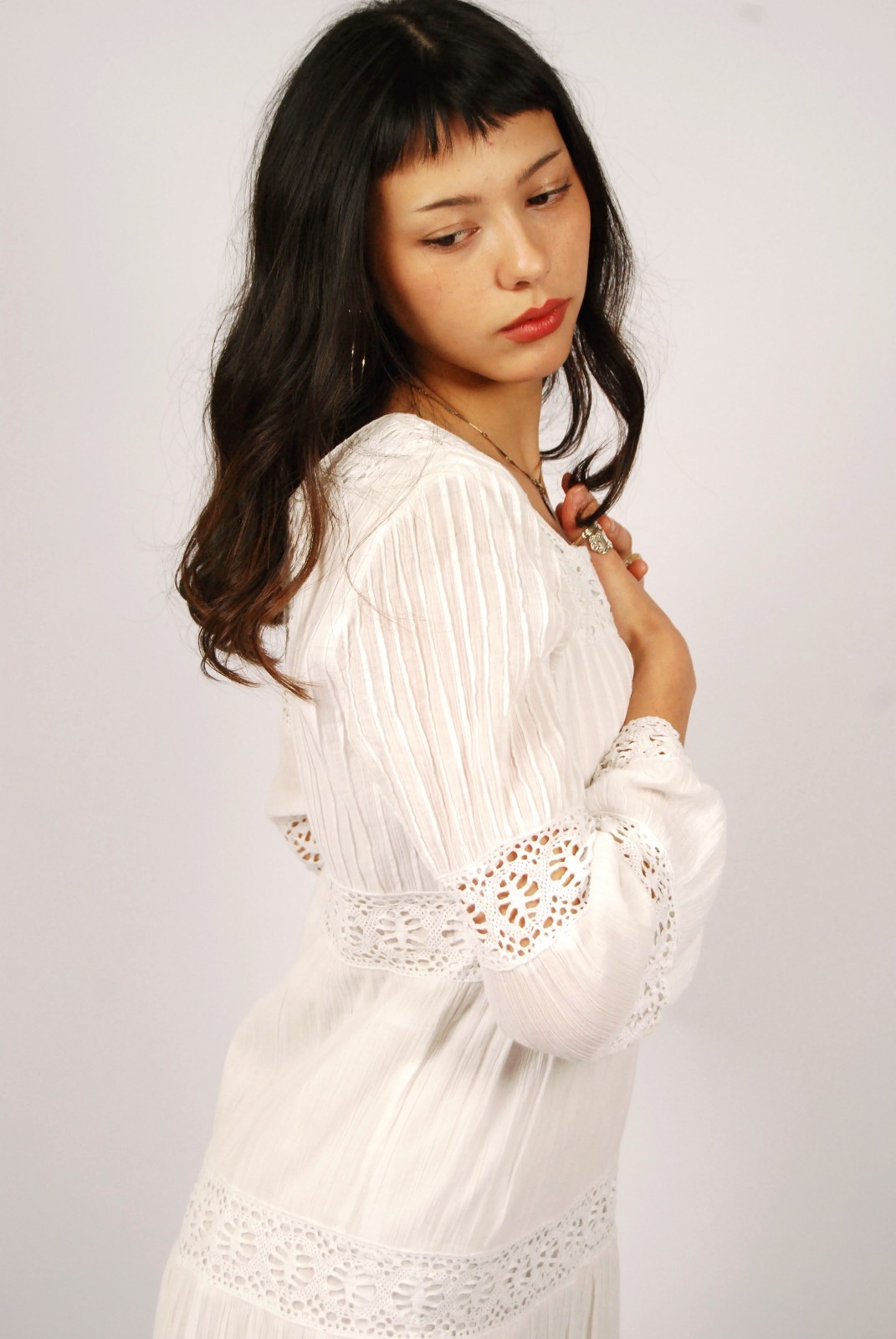 90s Prairie Midi Dress (8) white vintage bohemian peasant hippie bell sleeves