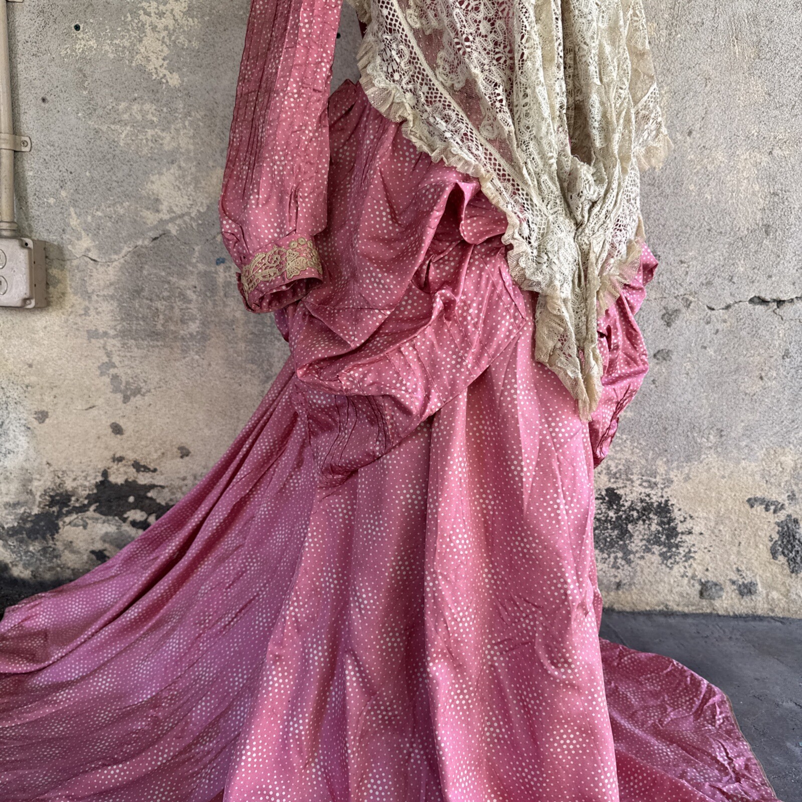 Antique Victorian Pink Silk Dot Print Dress Side Bustle Gown Lace 1880s Vintage