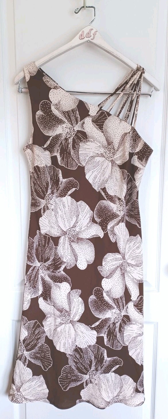 VINTAGE S.L. FASHIONS BROWN & CREAM FLORAL PRINT ASYMMETRICAL NECKLINE SIZE 14*