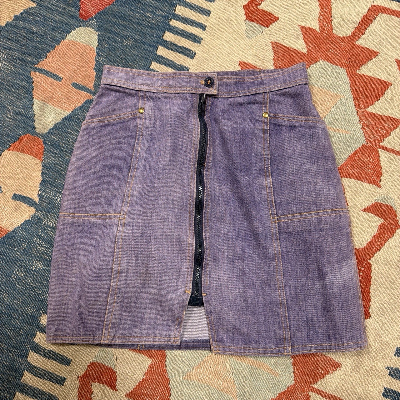 1970s Vintage Lavender Denim Mini Skirt with Front Zipper