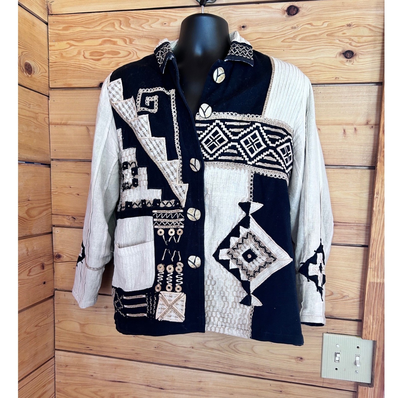 Vintage Linen Patchwork Jacket Unisex Medium Black Cream Embroidered Poetica
