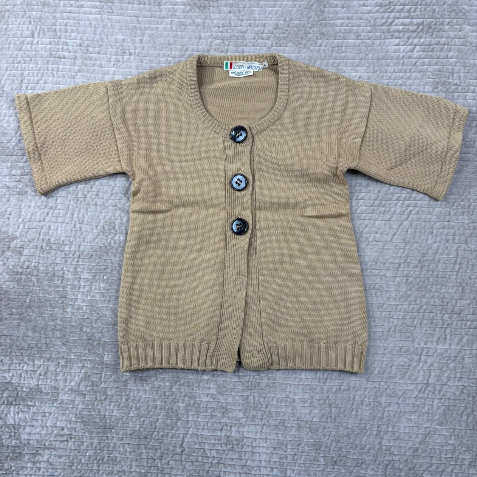 Vintage Joseph Magnin Tan Pure Wool Short Sleeve Cardigan Sweater Made in Italy