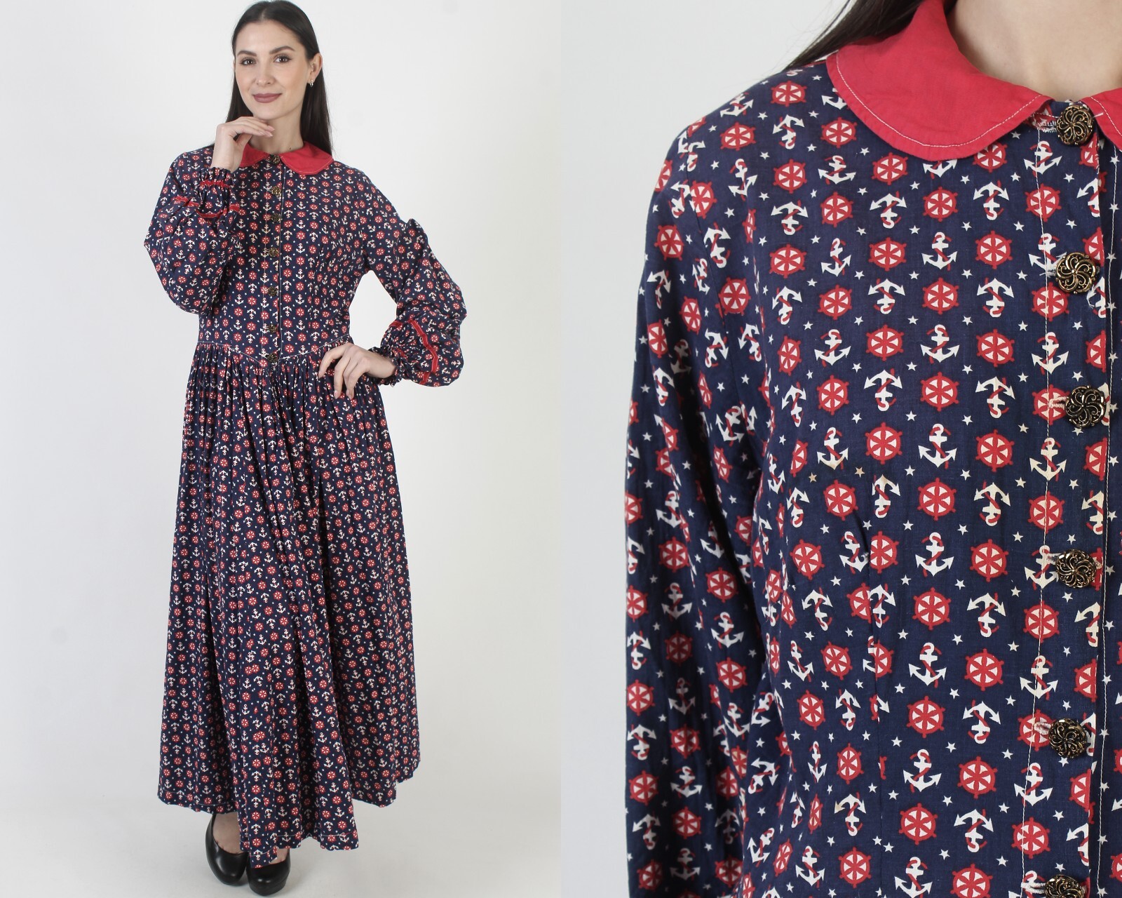 Vtg Sailor Print Dress Nautical Anchor Peter Pan Collar Homespun Prairie Maxi