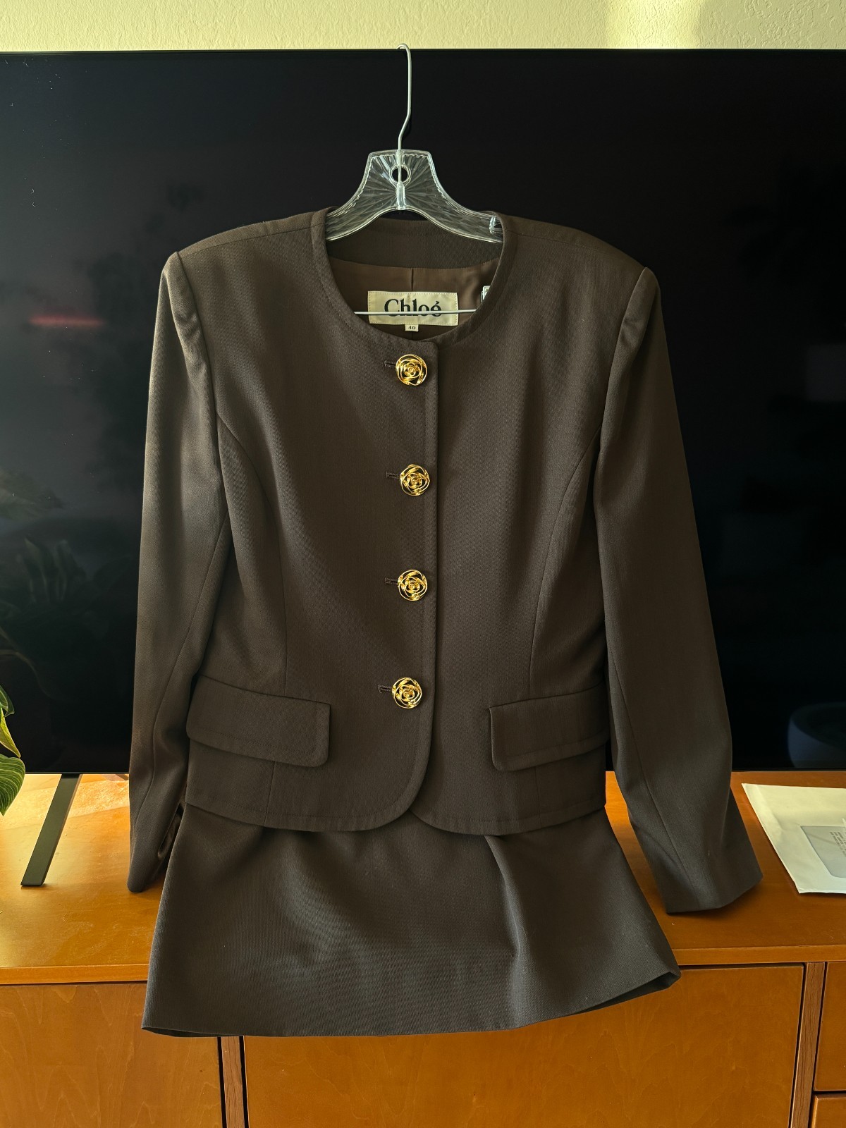 Vintage Chloé Olive-Brown Skirt Suit | Gold Rose Buttons | EU 40 (US 8-10)