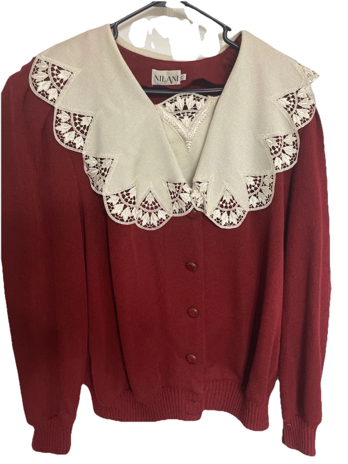 Nilani 80s Maroon Knit Sweater Size 2X Victorian Lace Collar + Insert Padded