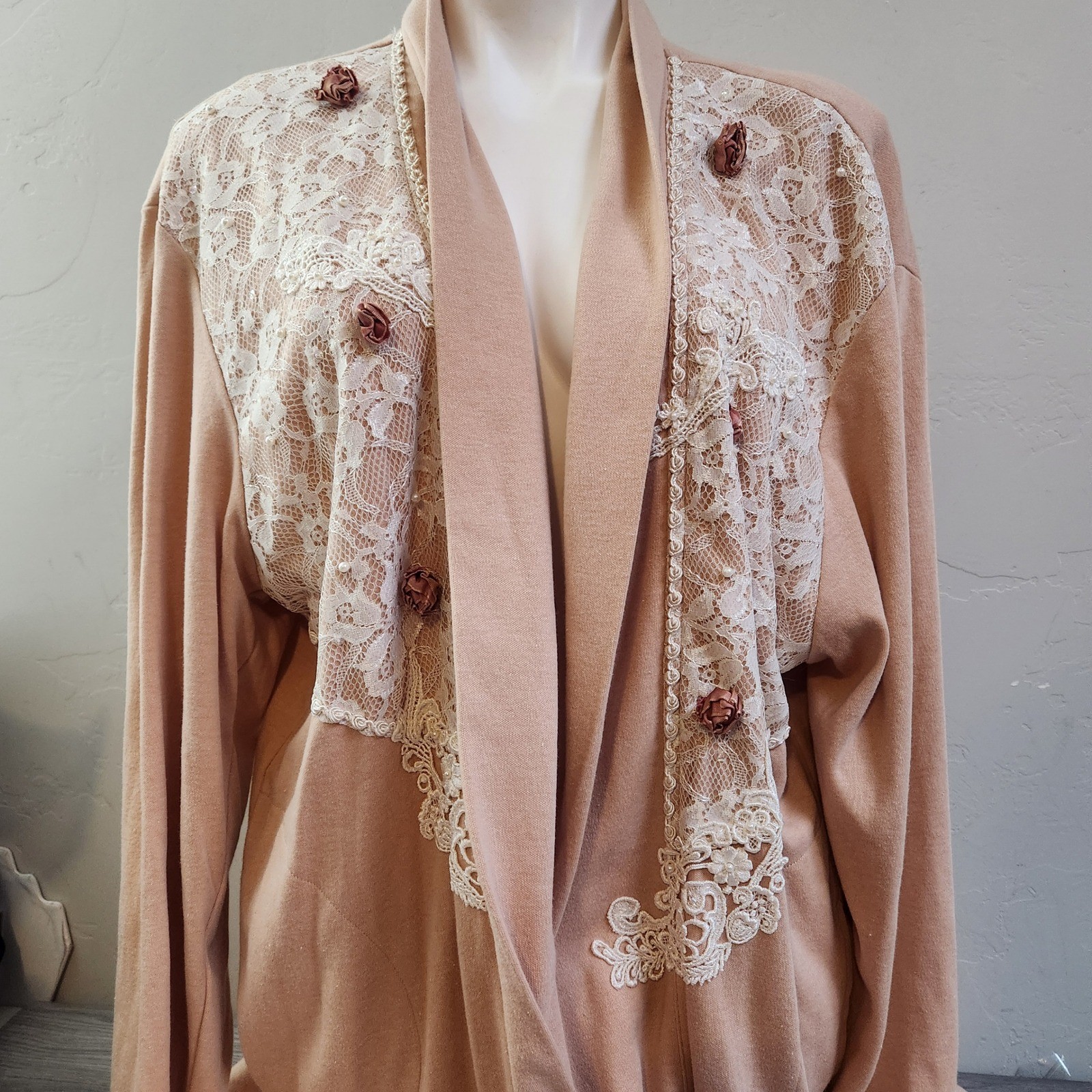 Vintage Lacy Afternoon Shell Kepler Lace Rosette Cardigan Peach Plus Size 1X