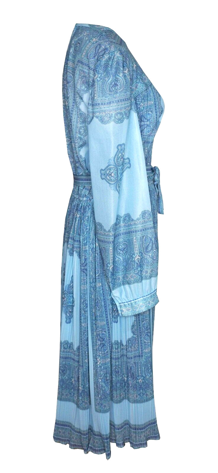 Vintage HAL FERMAN 8 10 Dress Blue Paisley Pleated Long Sleeve Tied Waist 70s